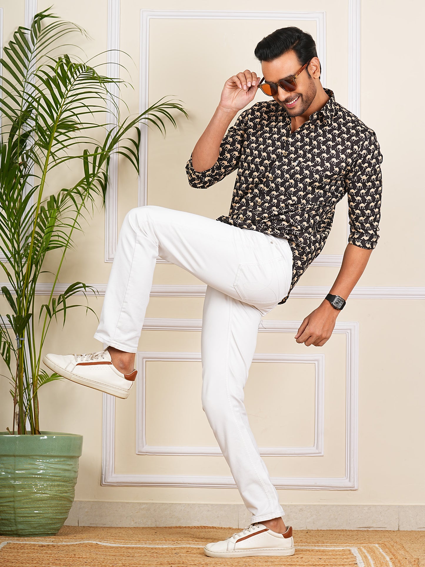 Black and white camel Printed Full Sleeves Shirt For Men