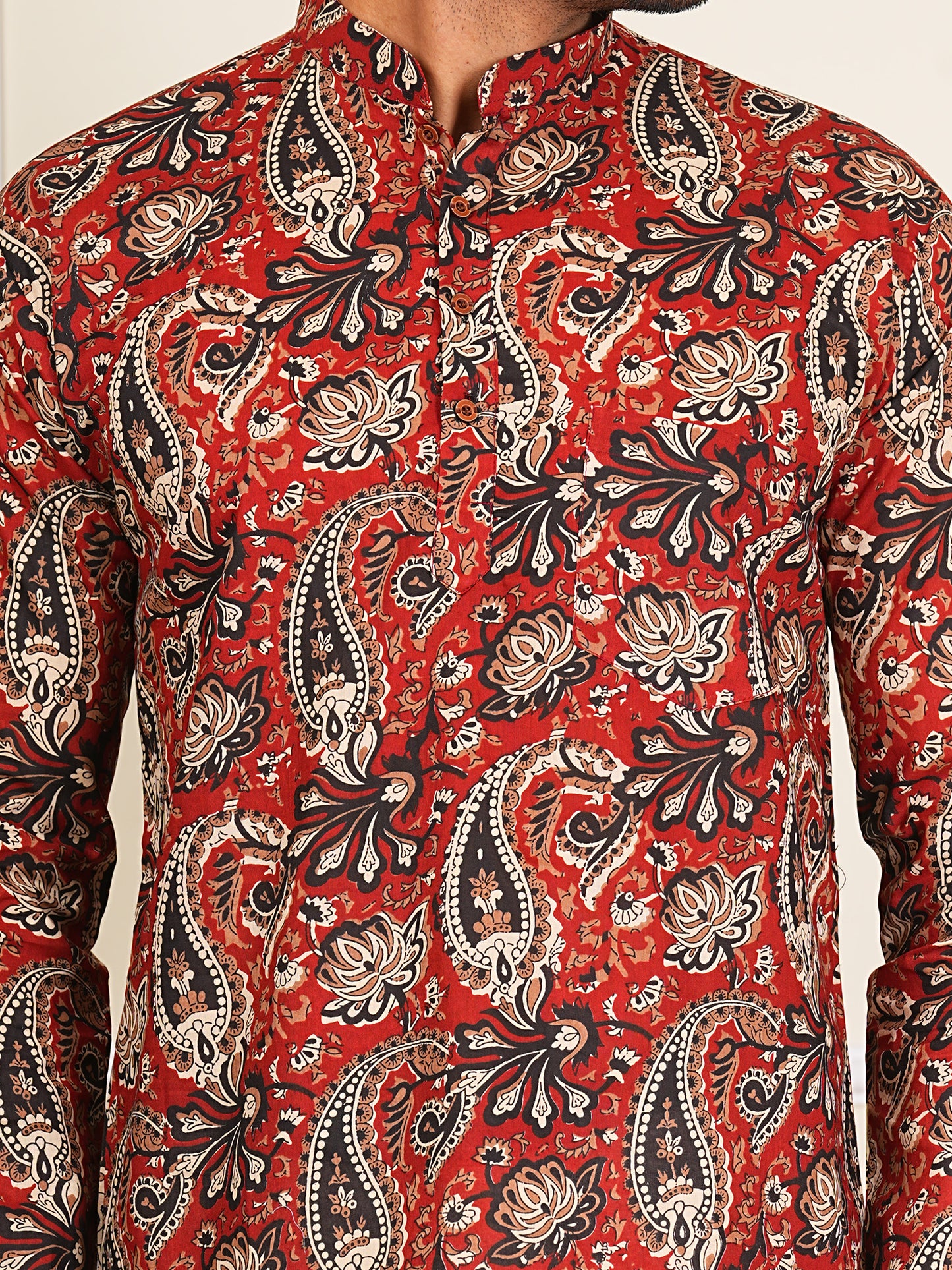 Black and Red Paisley/Aambi Printed Short Kurta For Men