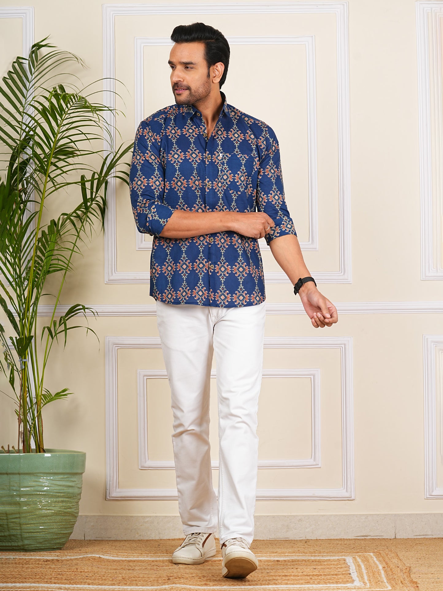 Blue Block Printed Full Sleeves Shirt For Men