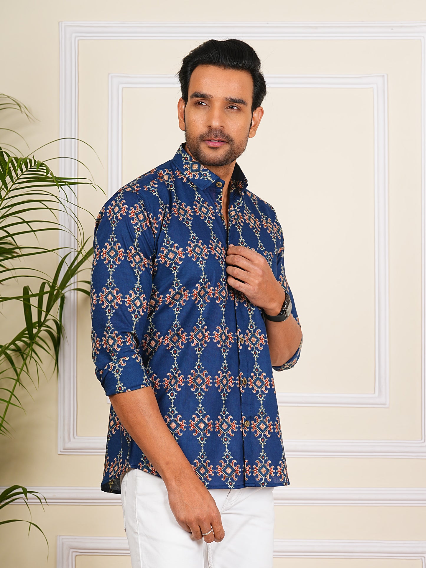 Blue Block Printed Full Sleeves Shirt For Men