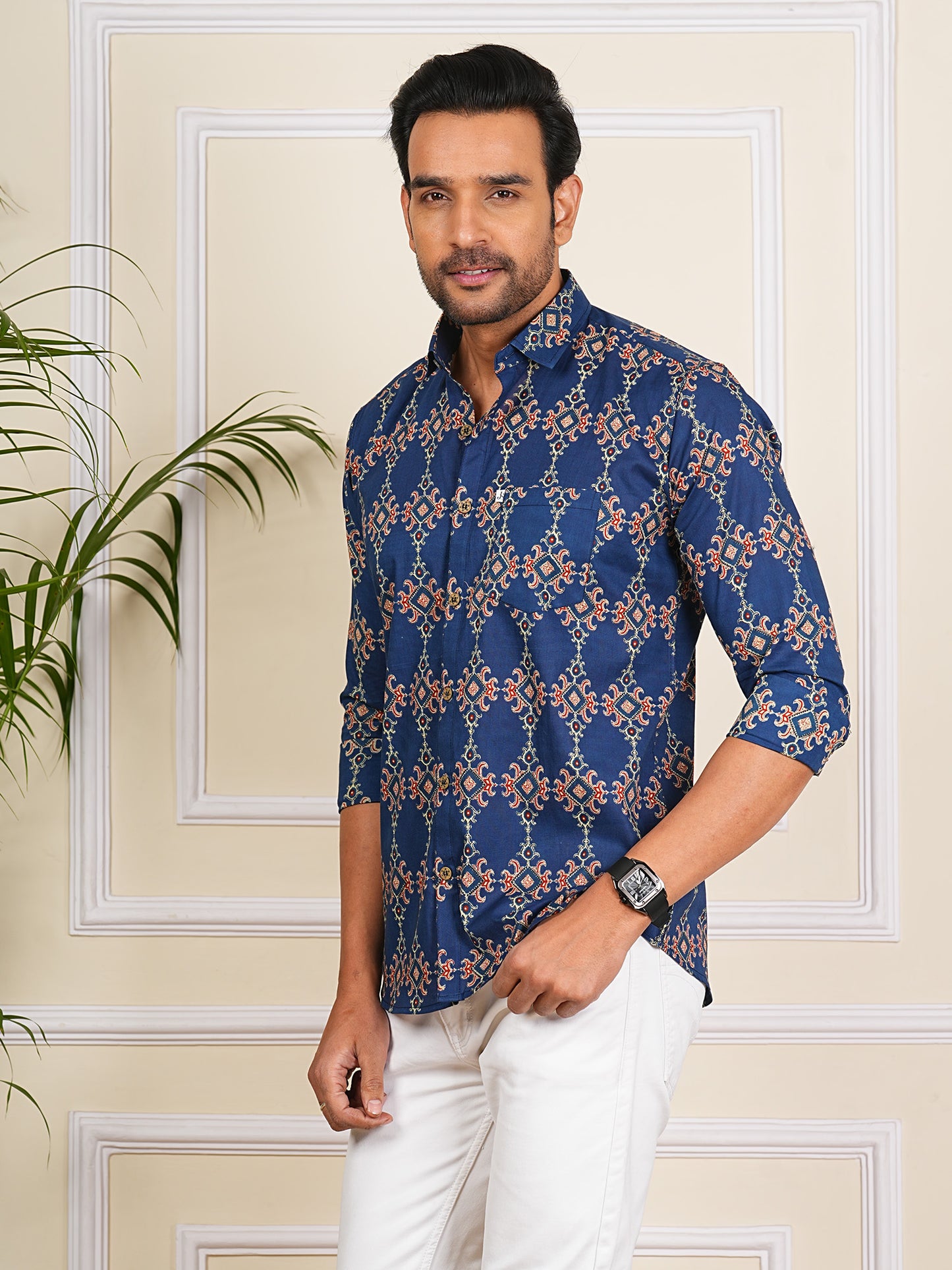 Blue Block Printed Full Sleeves Shirt For Men