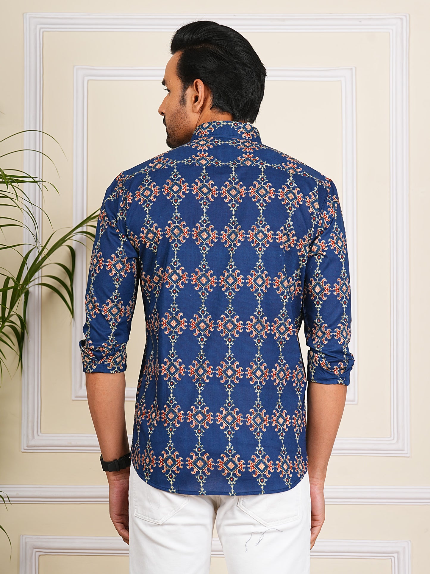 Blue Block Printed Full Sleeves Shirt For Men