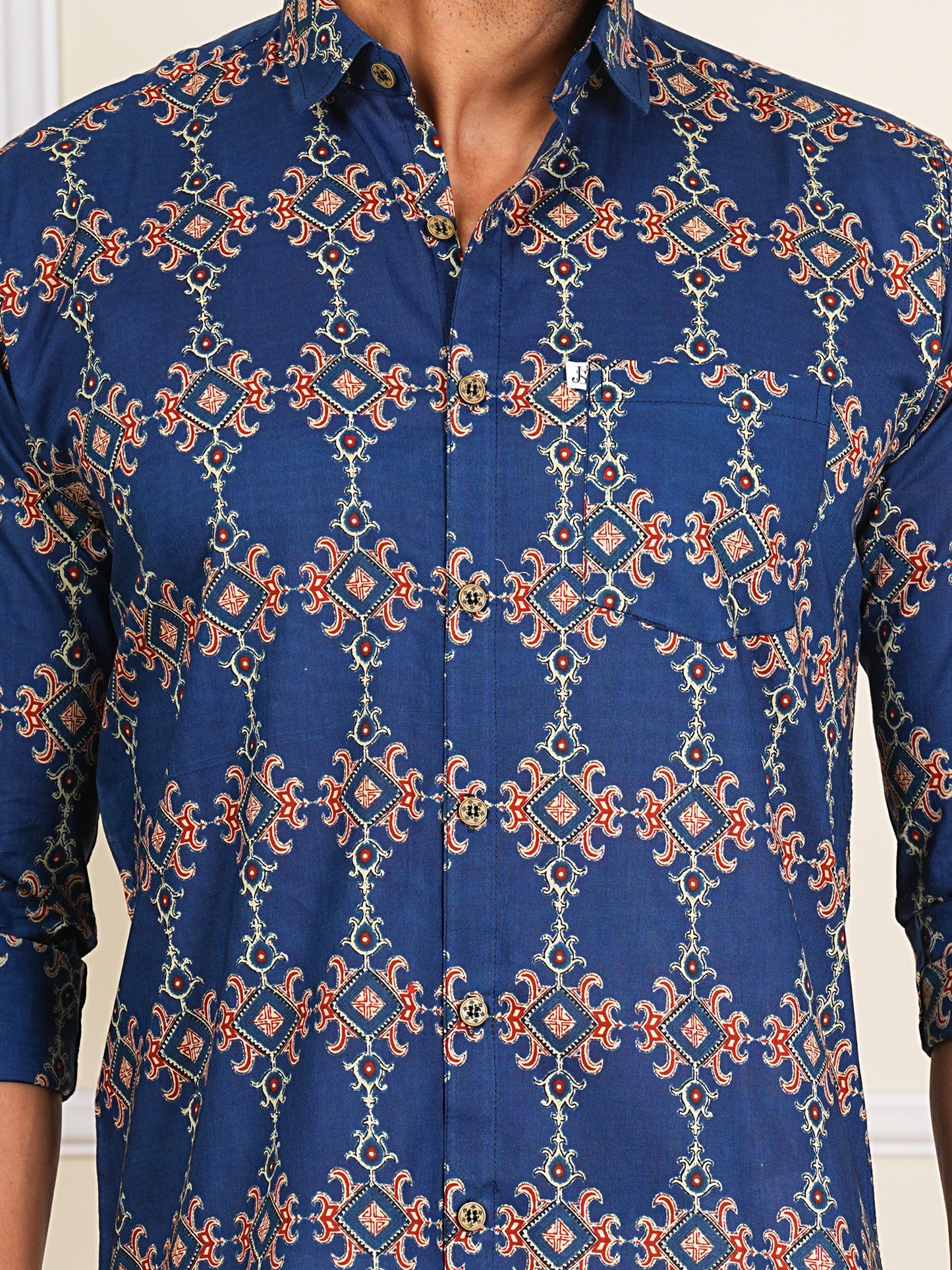 Blue Block Printed Full Sleeves Shirt For Men
