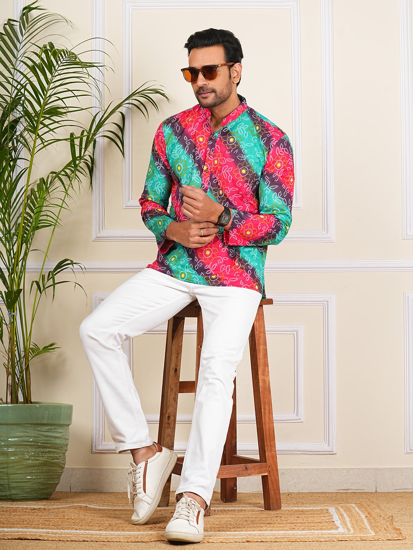 Multicolour Bandhni Bandhej Printed Short Kurta For Men