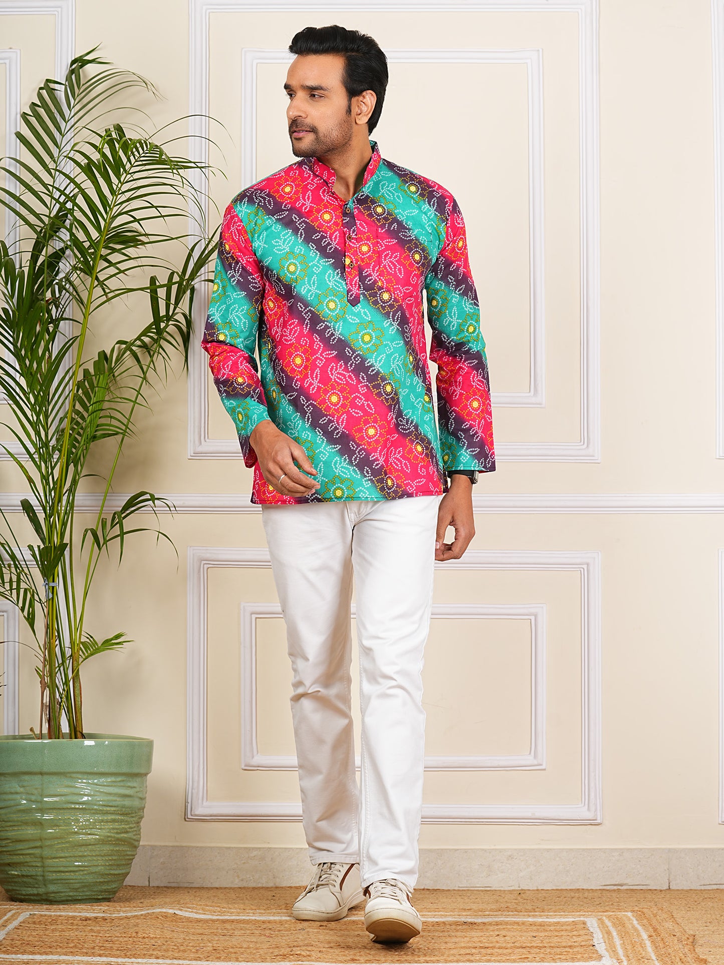 Multicolour Bandhni Bandhej Printed Short Kurta For Men