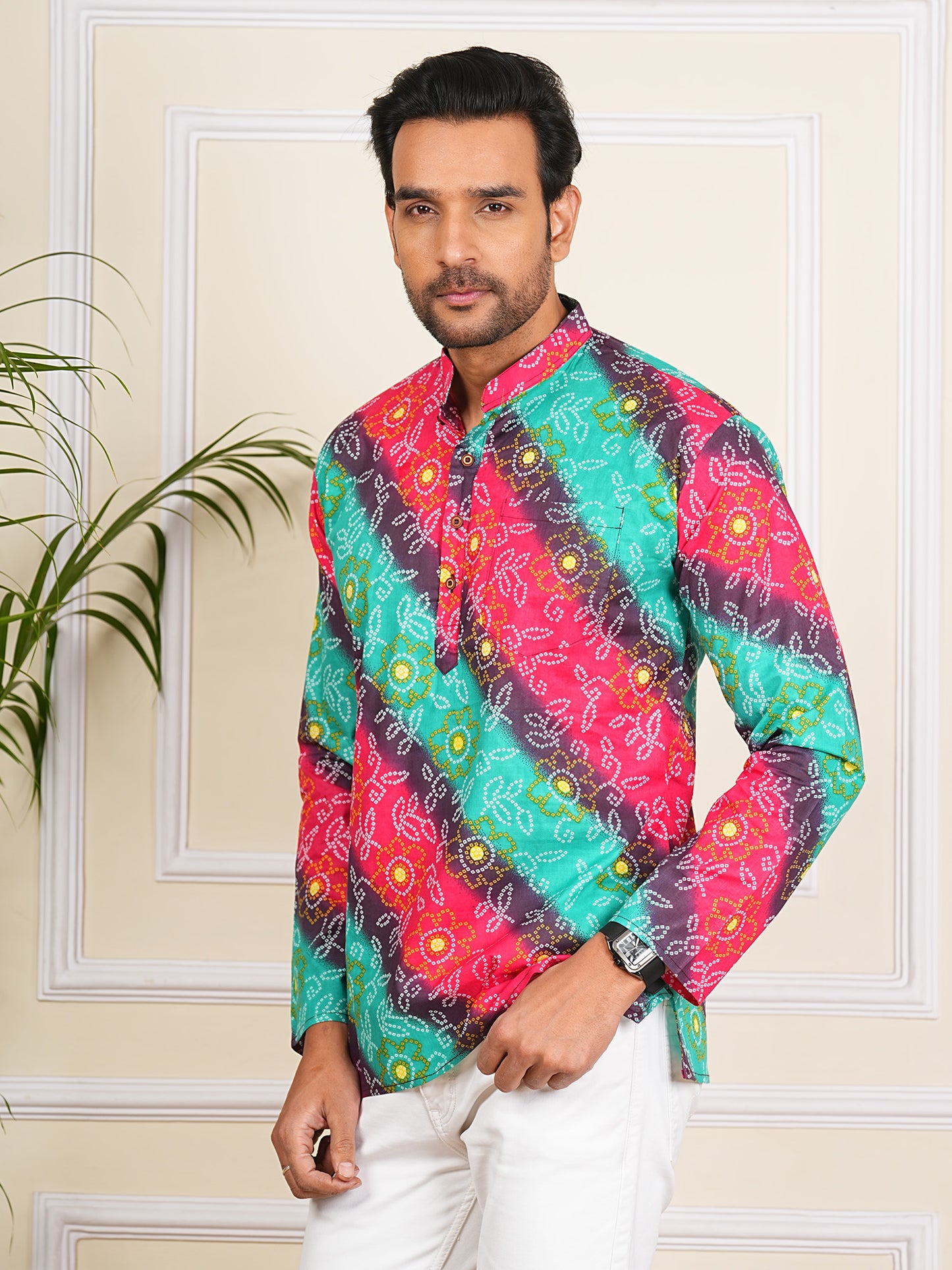 Multicolour Bandhni Bandhej Printed Short Kurta For Men