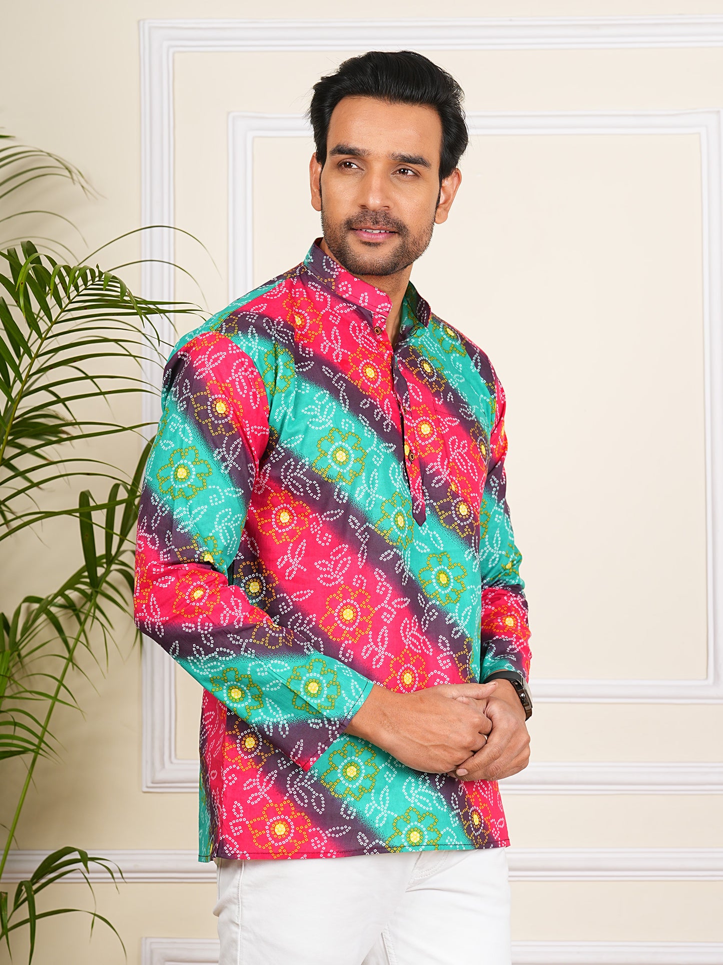 Multicolour Bandhni Bandhej Printed Short Kurta For Men