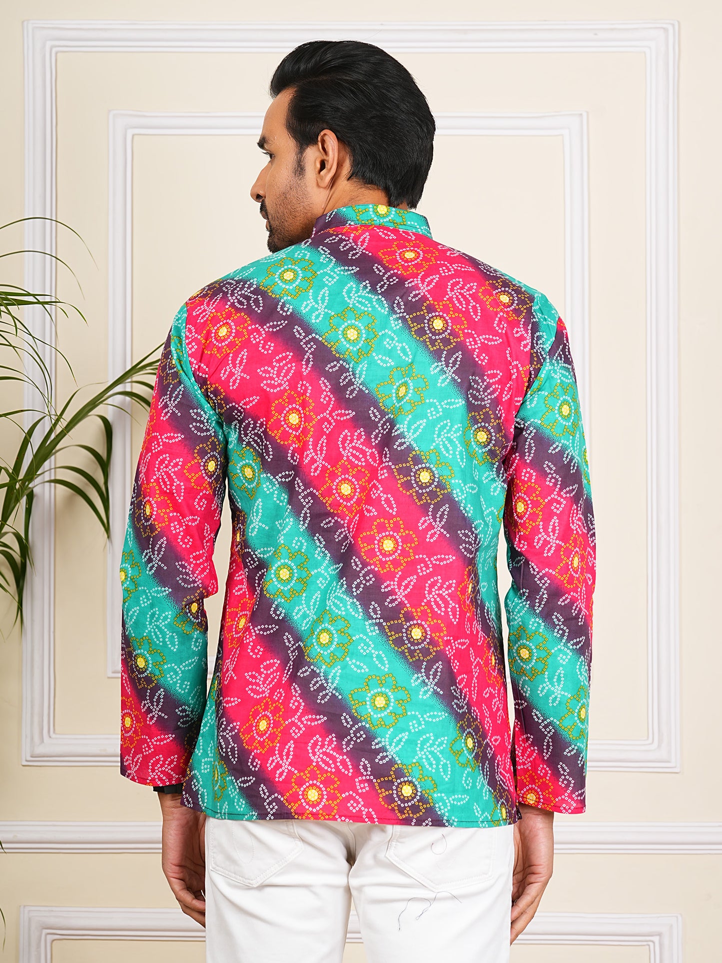 Multicolour Bandhni Bandhej Printed Short Kurta For Men