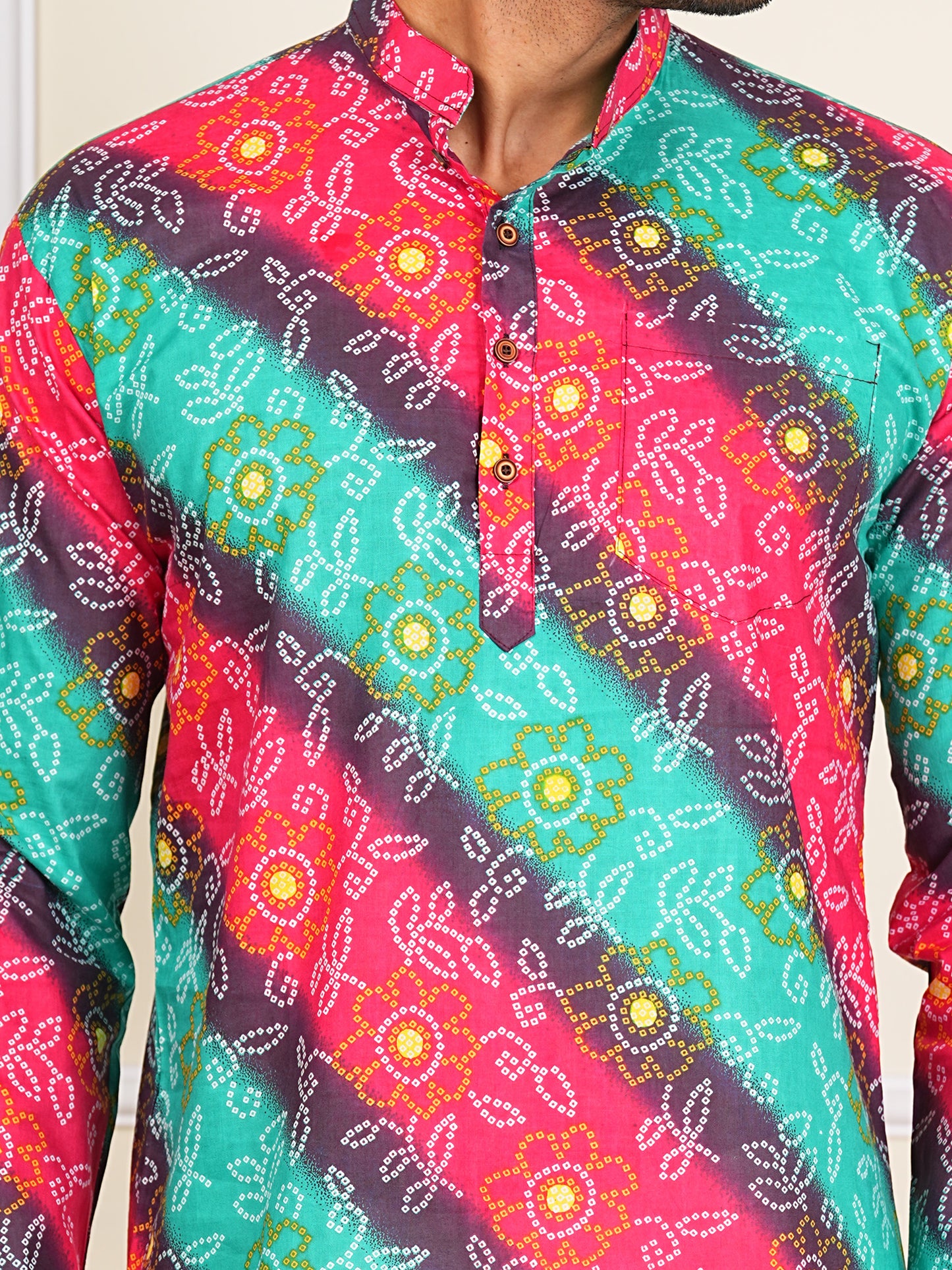 Multicolour Bandhni Bandhej Printed Short Kurta For Men