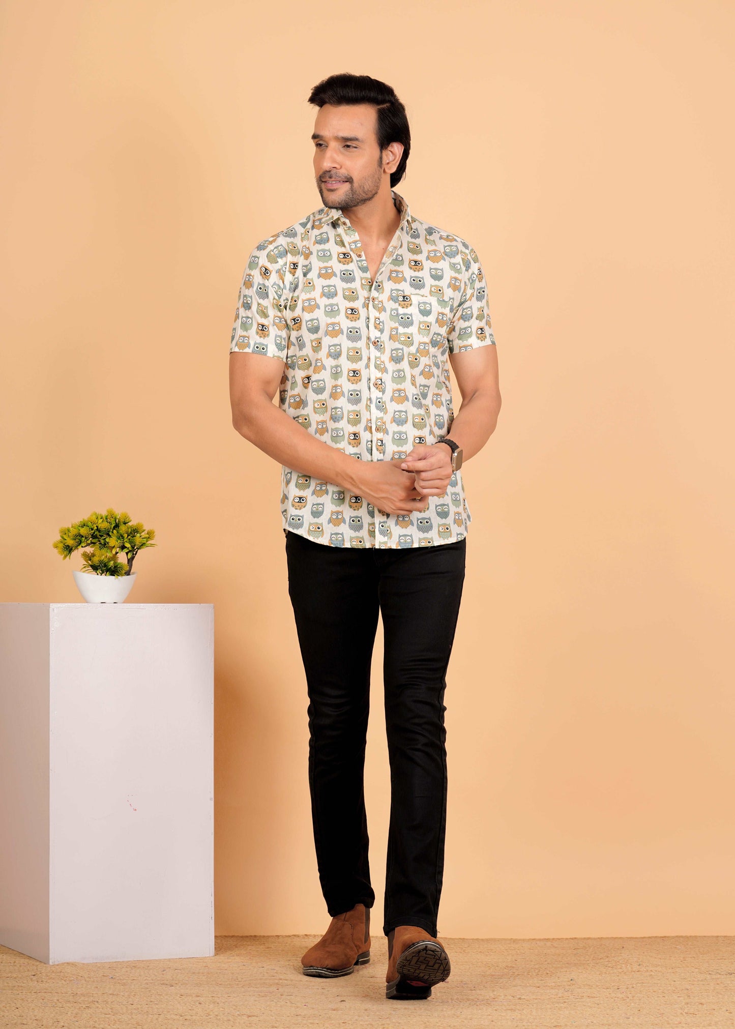 White Multicolor Owl Printed Half Sleeves Cotton Shirt