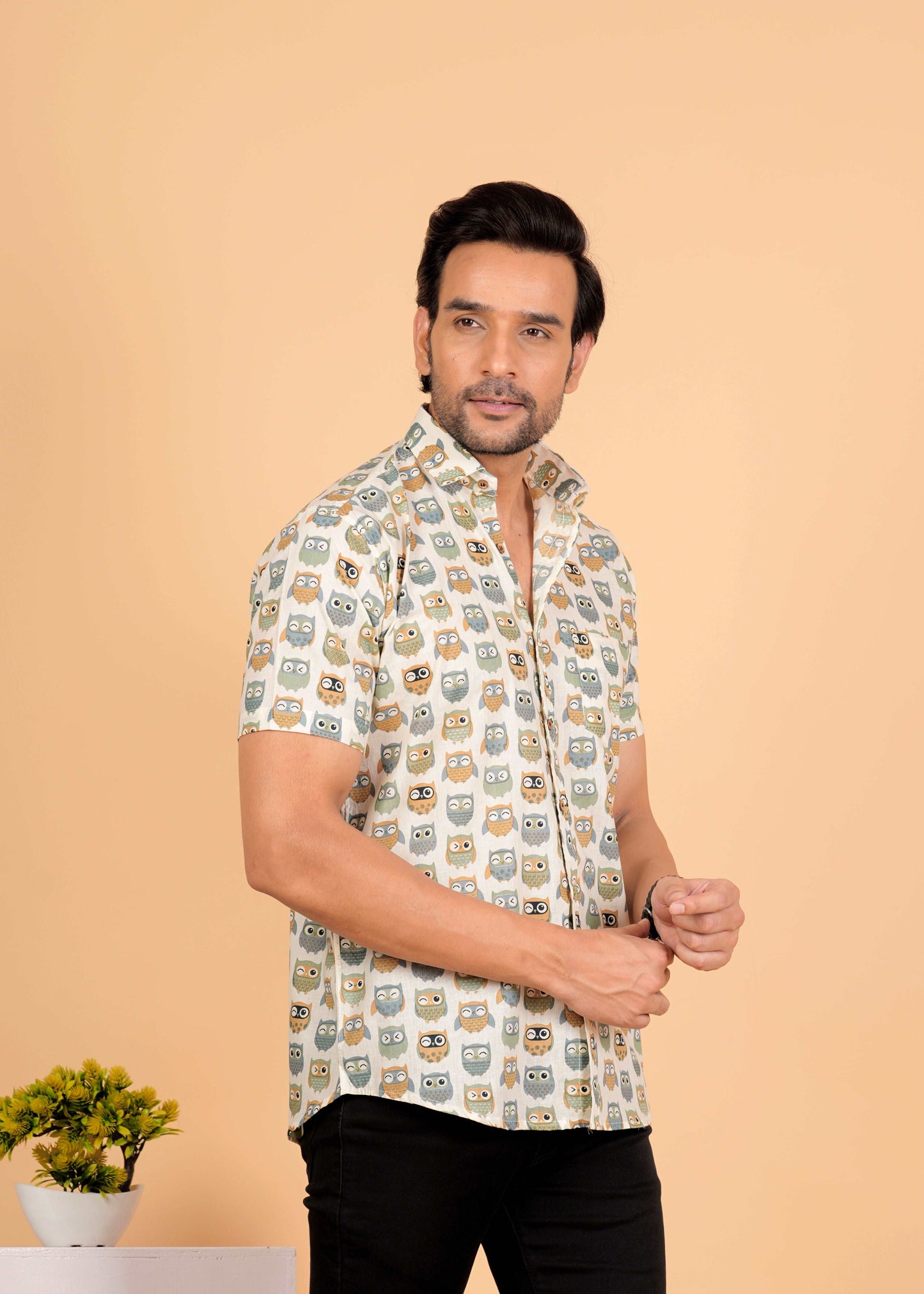 White Multicolor Owl Printed Half Sleeves Cotton Shirt