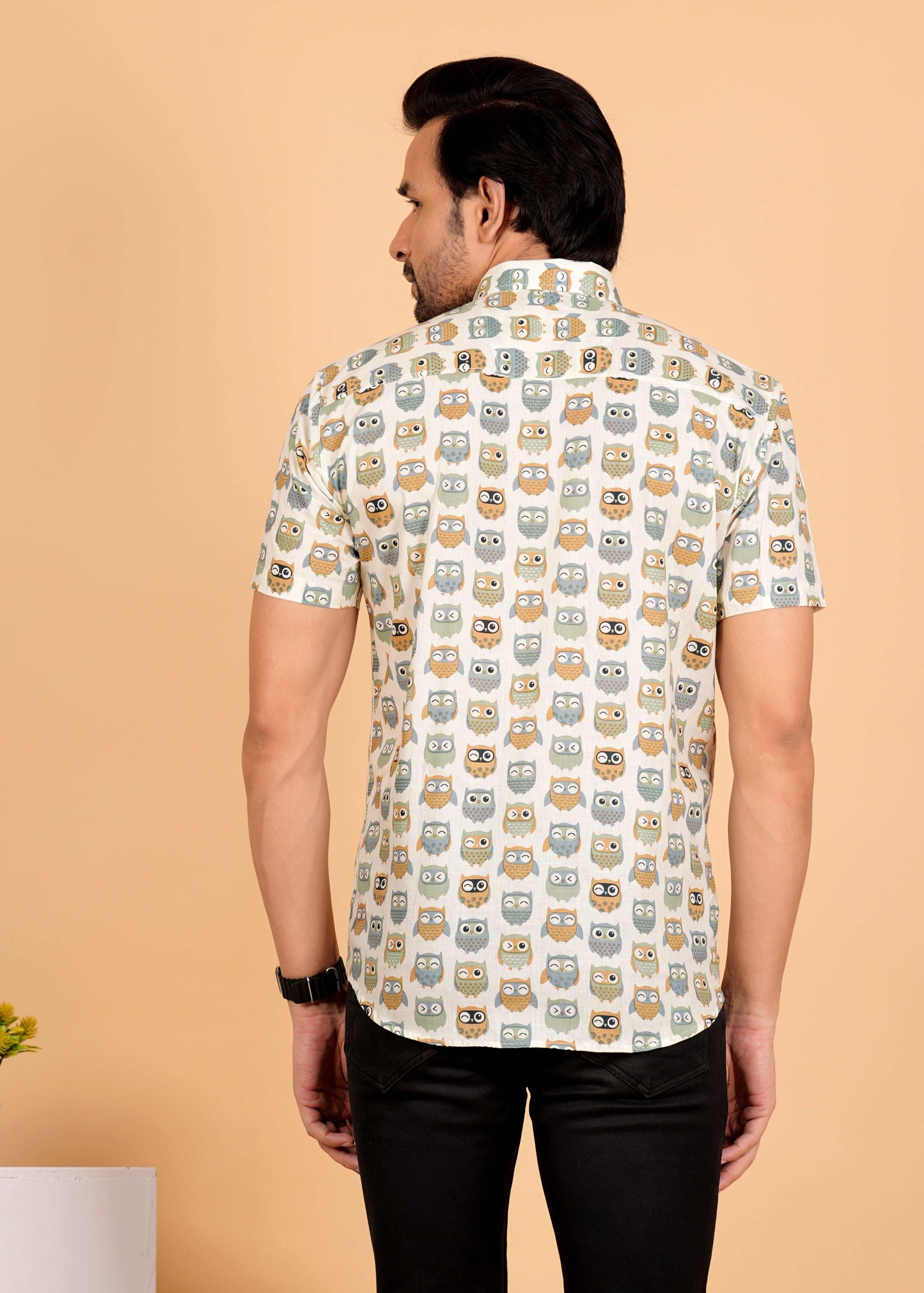 White Multicolor Owl Printed Half Sleeves Cotton Shirt