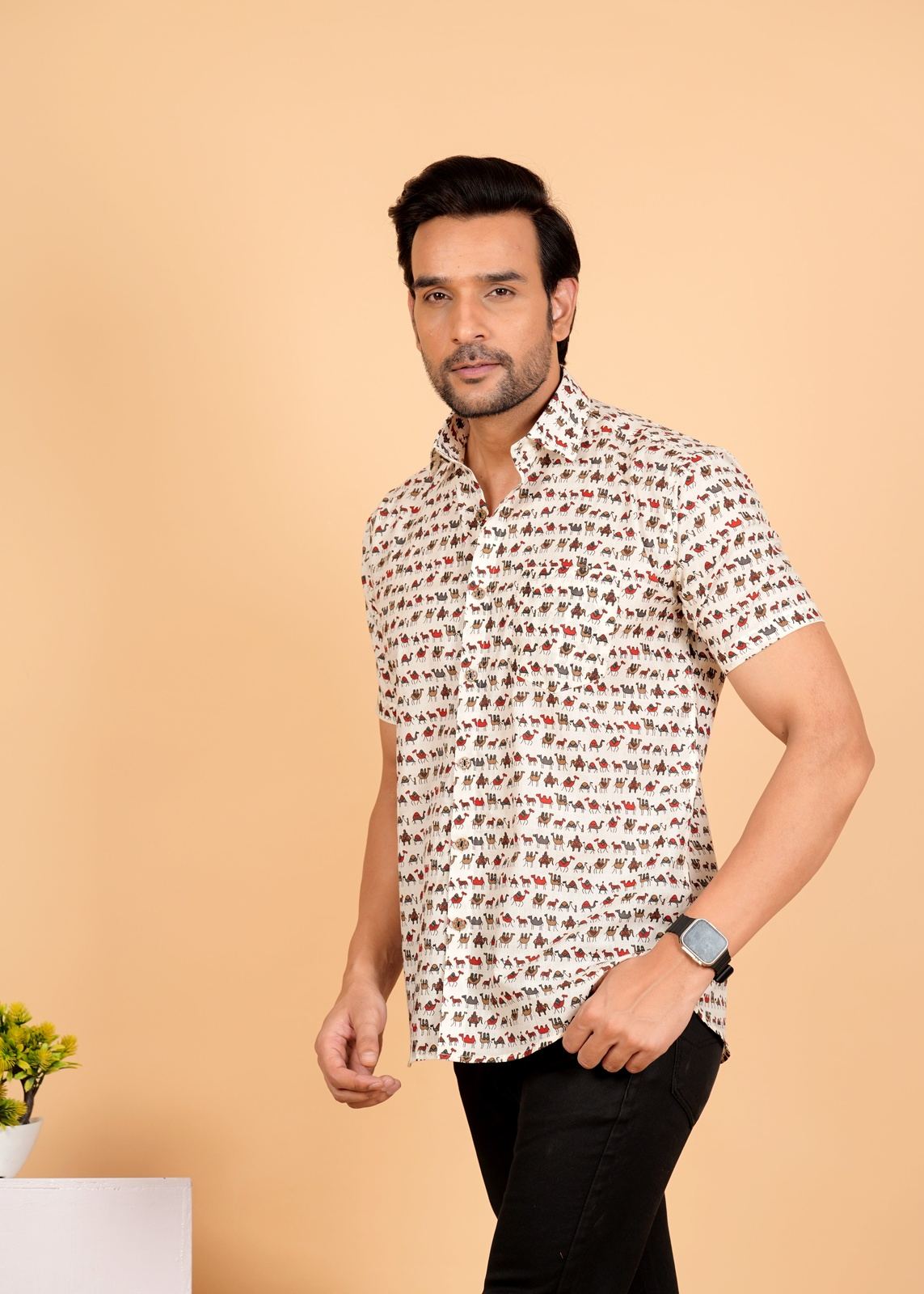Multicolour Camel Printed Half Sleeves Size Cotton Shirt