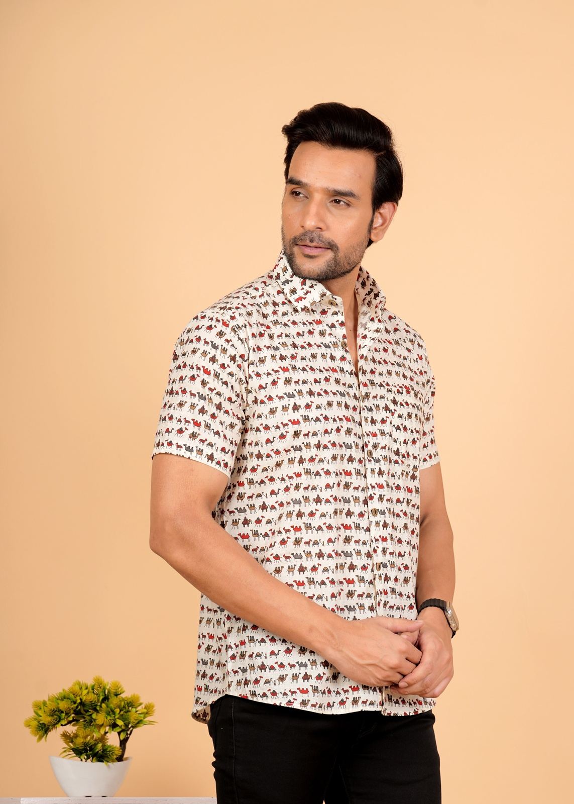Multicolour Camel Printed Half Sleeves Size Cotton Shirt