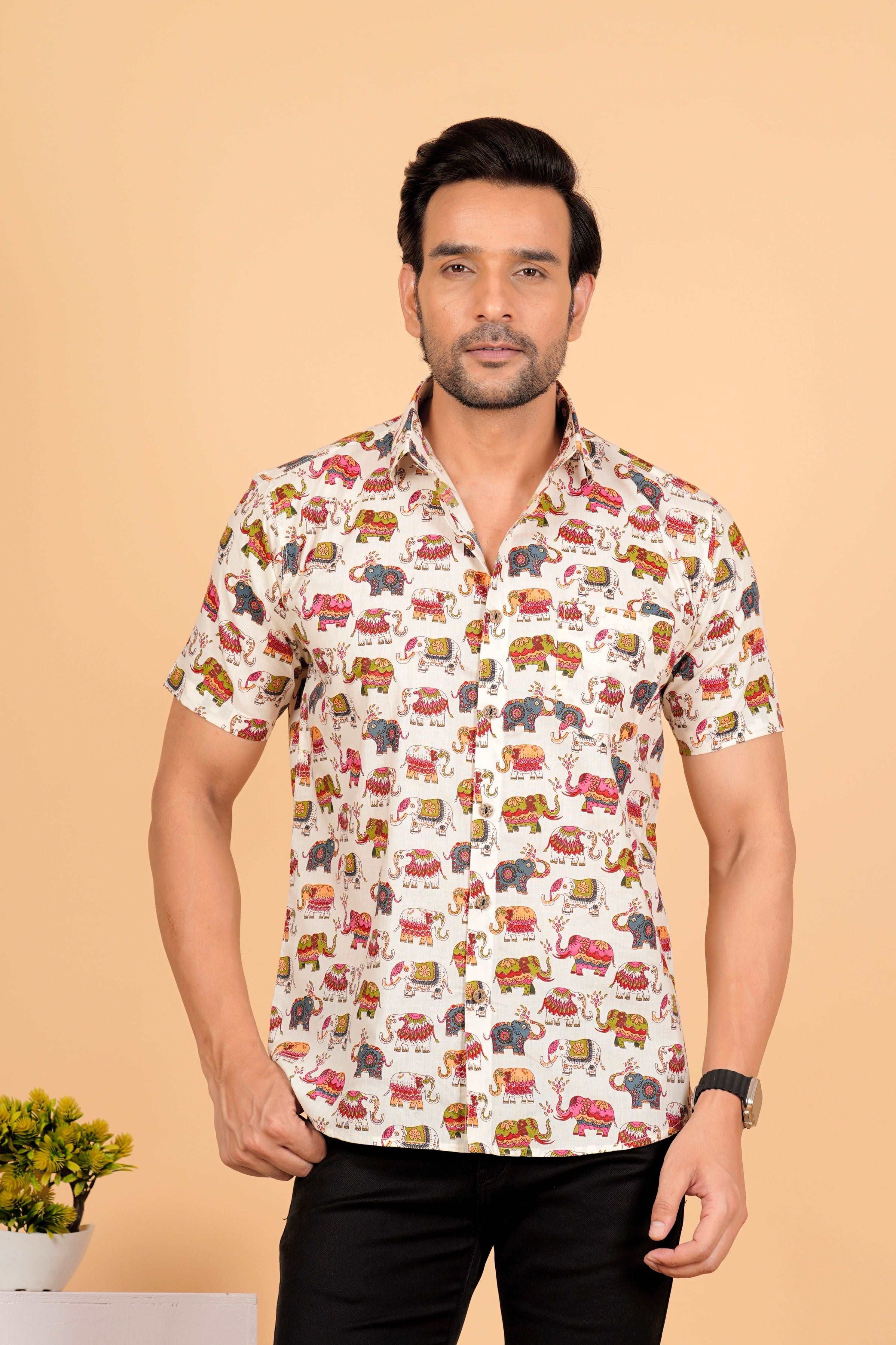 White Multicolor Elephant Printed Half Sleeves Cotton Shirt Jaipuri white-multicolor-elephant-printed-half-sleeves-cotton-shirt-jaipuri