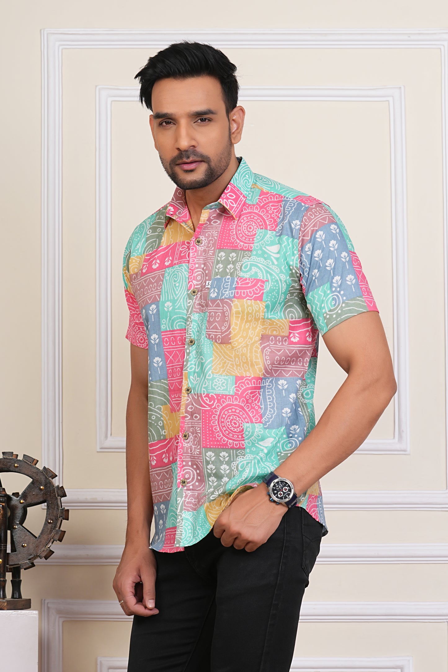 Ranglok Multicolor Sanganeri Cotton Mens Half Sleeves Shirt