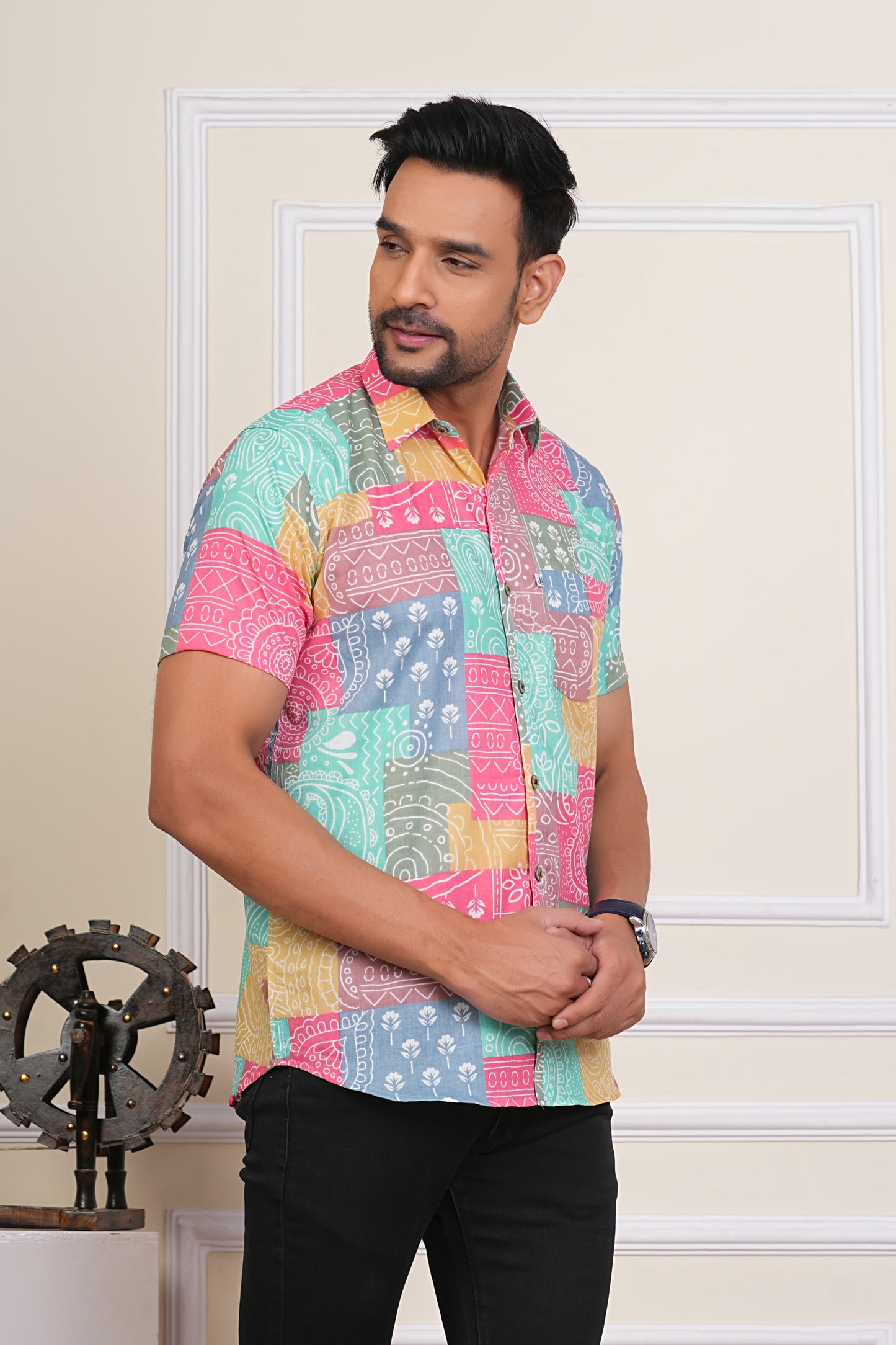 Ranglok Multicolor Sanganeri Cotton Mens Half Sleeves Shirt