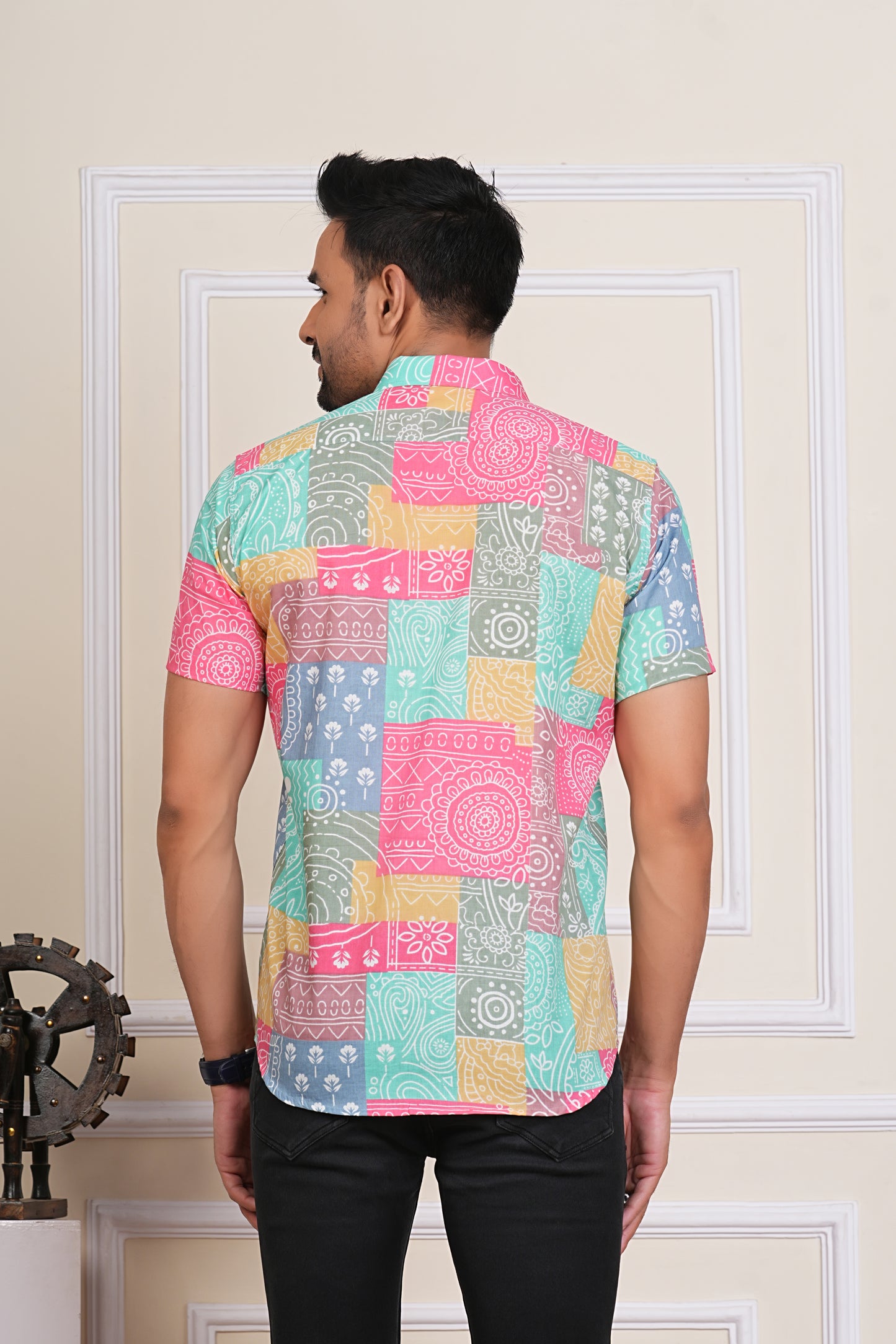 Ranglok Multicolor Sanganeri Cotton Mens Half Sleeves Shirt