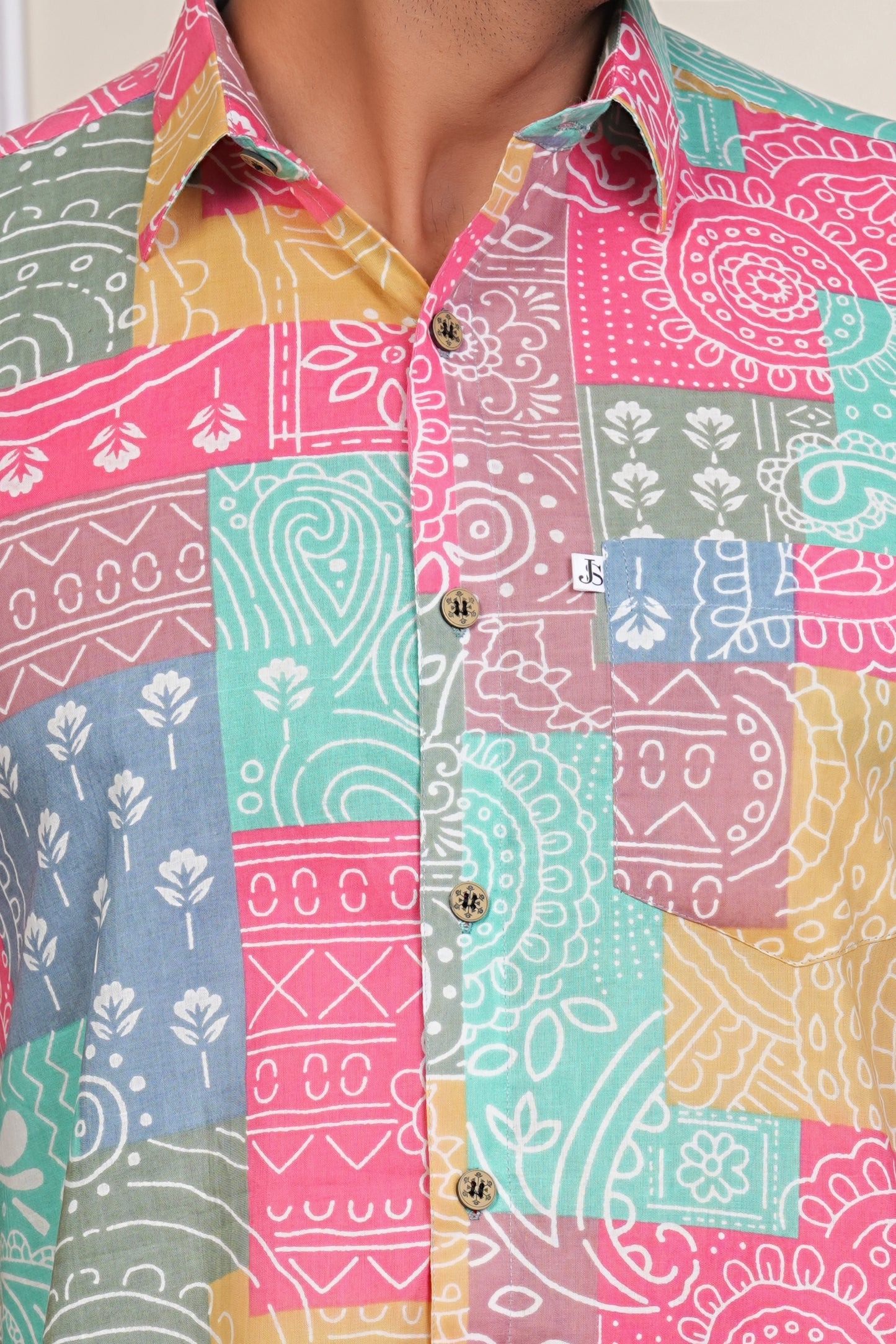 Ranglok Multicolor Sanganeri Cotton Mens Half Sleeves Shirt