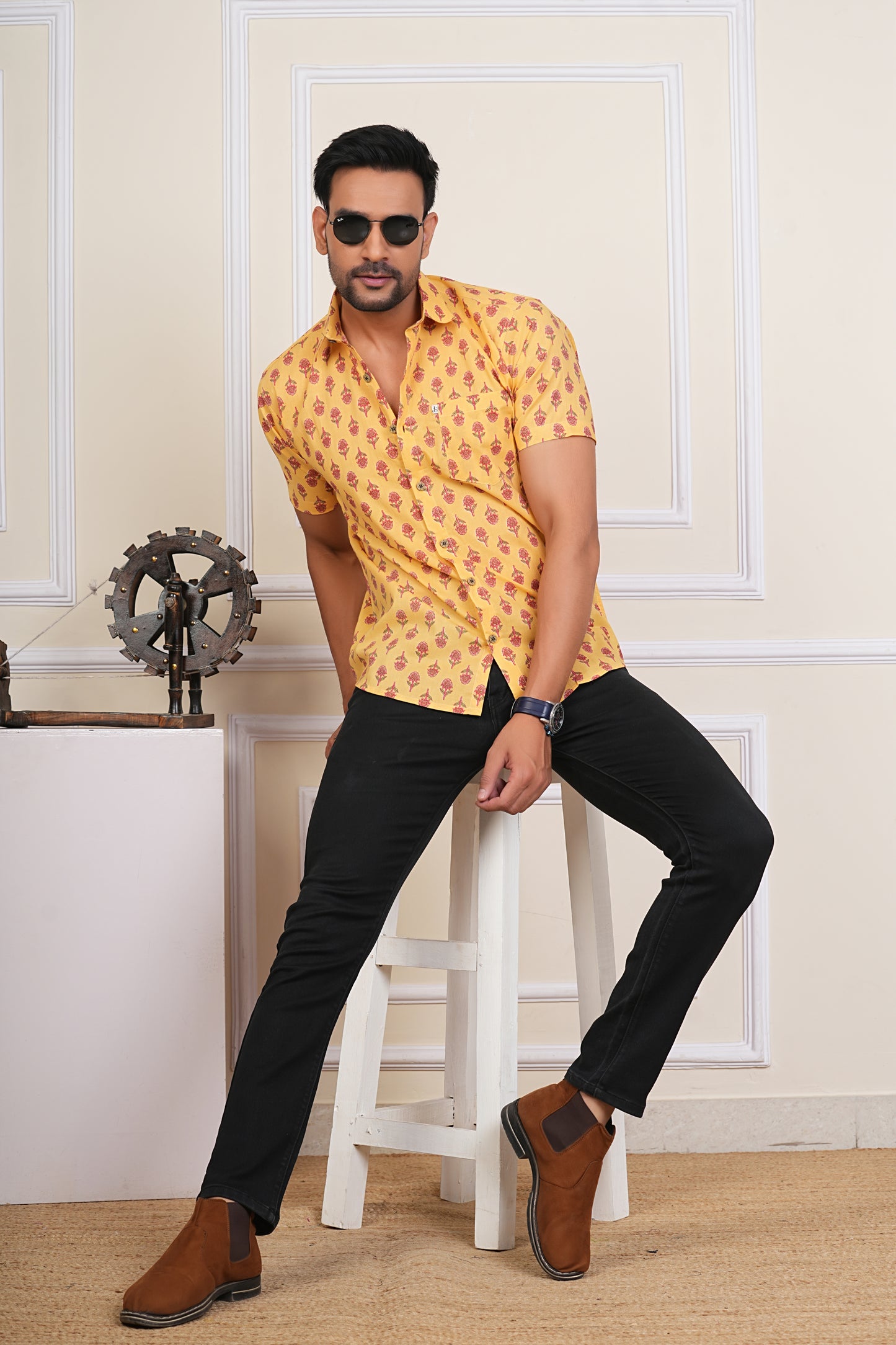 Kesariya Booti-Yellow Mens Half Sleeves Sanganeri Cotton Shirt