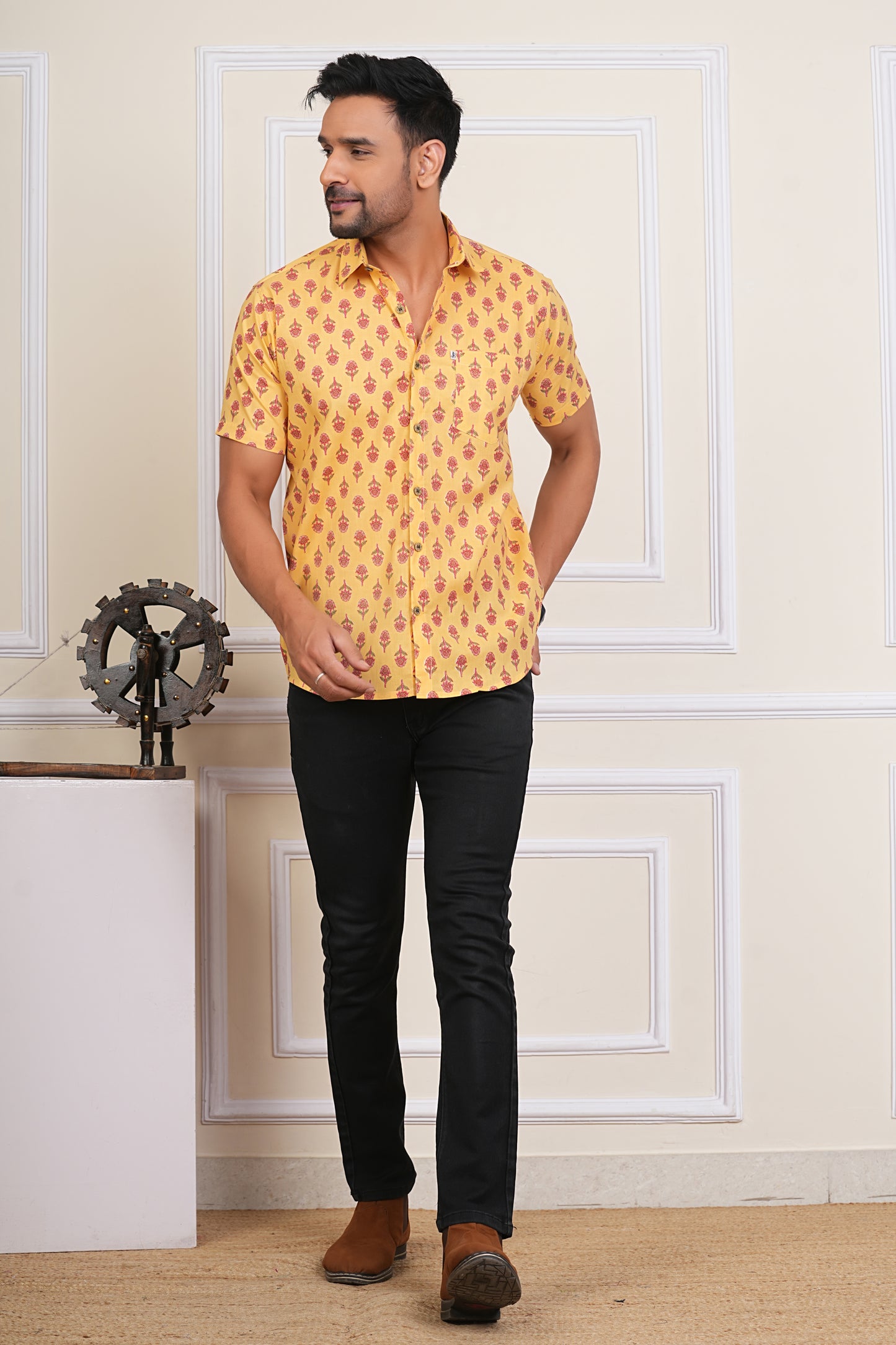 Kesariya Booti-Yellow Mens Half Sleeves Sanganeri Cotton Shirt