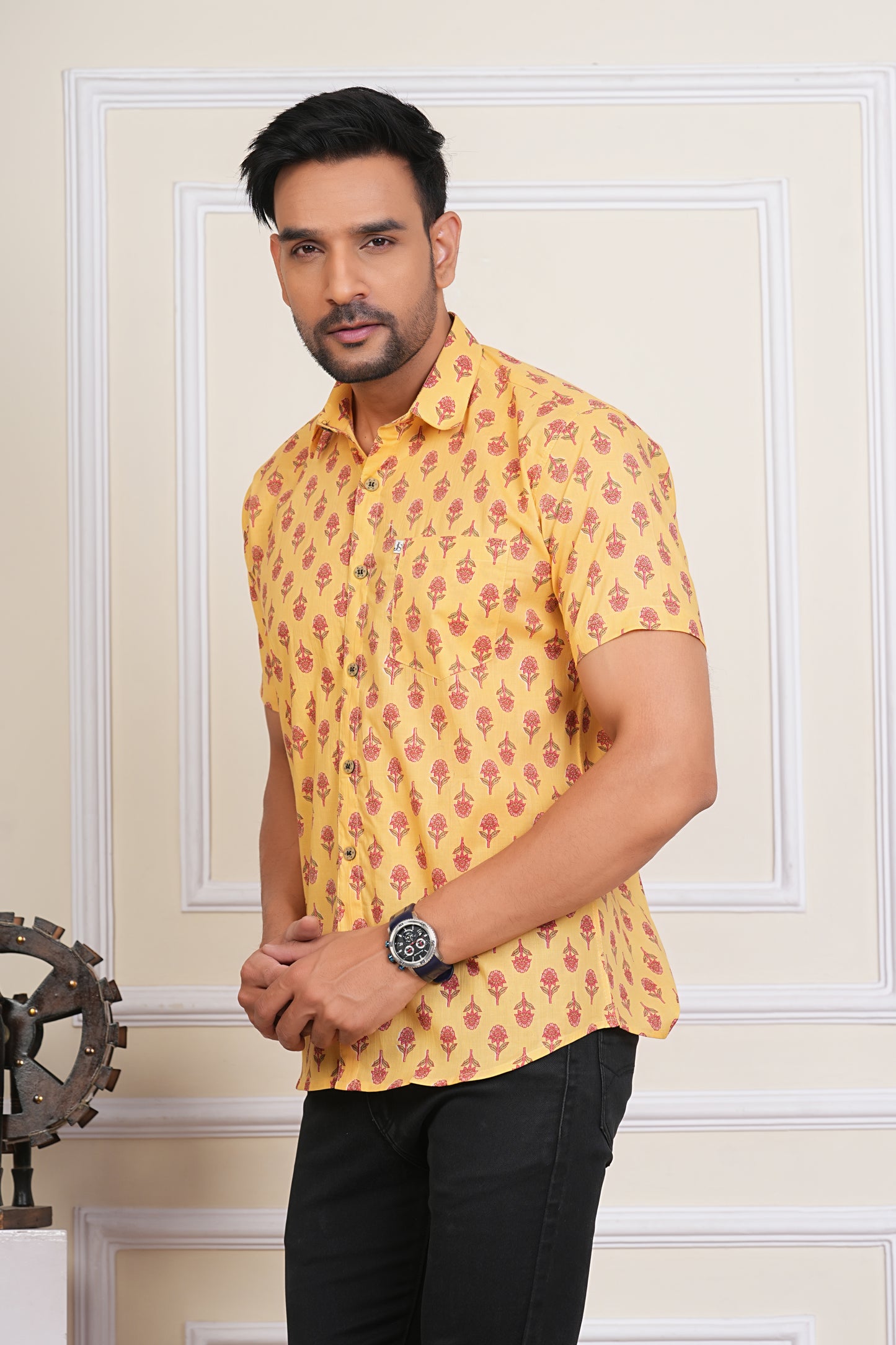 Kesariya Booti-Yellow Mens Half Sleeves Sanganeri Cotton Shirt