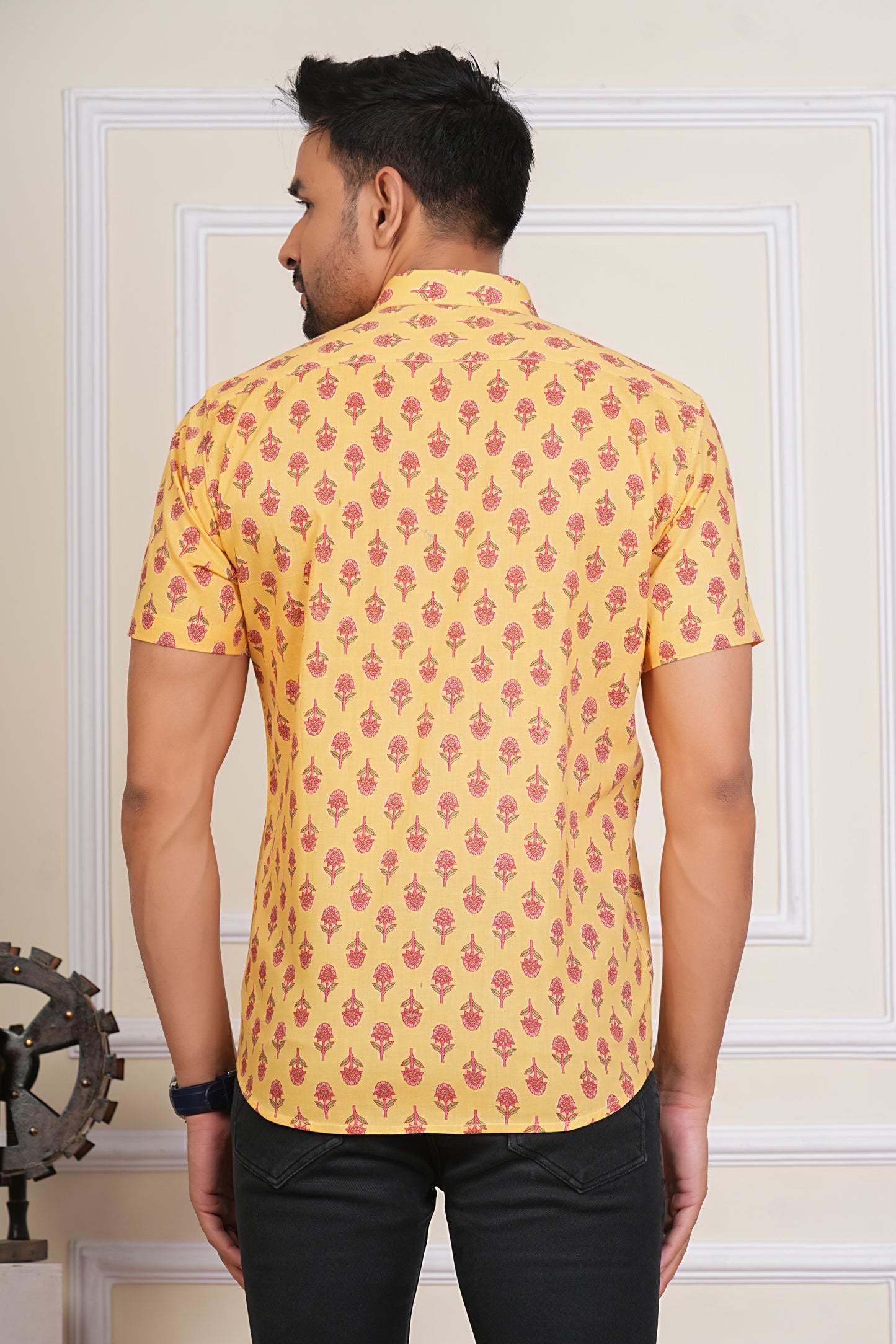 Kesariya Booti-Yellow Mens Half Sleeves Sanganeri Cotton Shirt