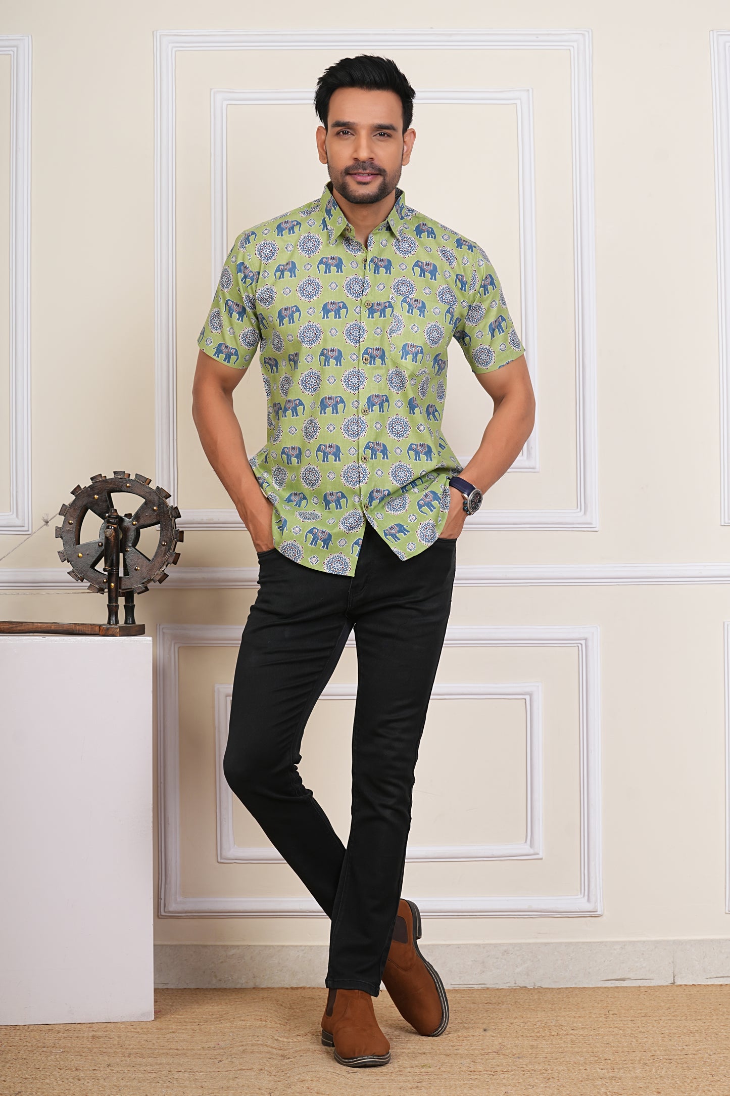 Hathi Mahal Green Sanganeri Mens Half Sleeves Plus Size Cotton Shirt