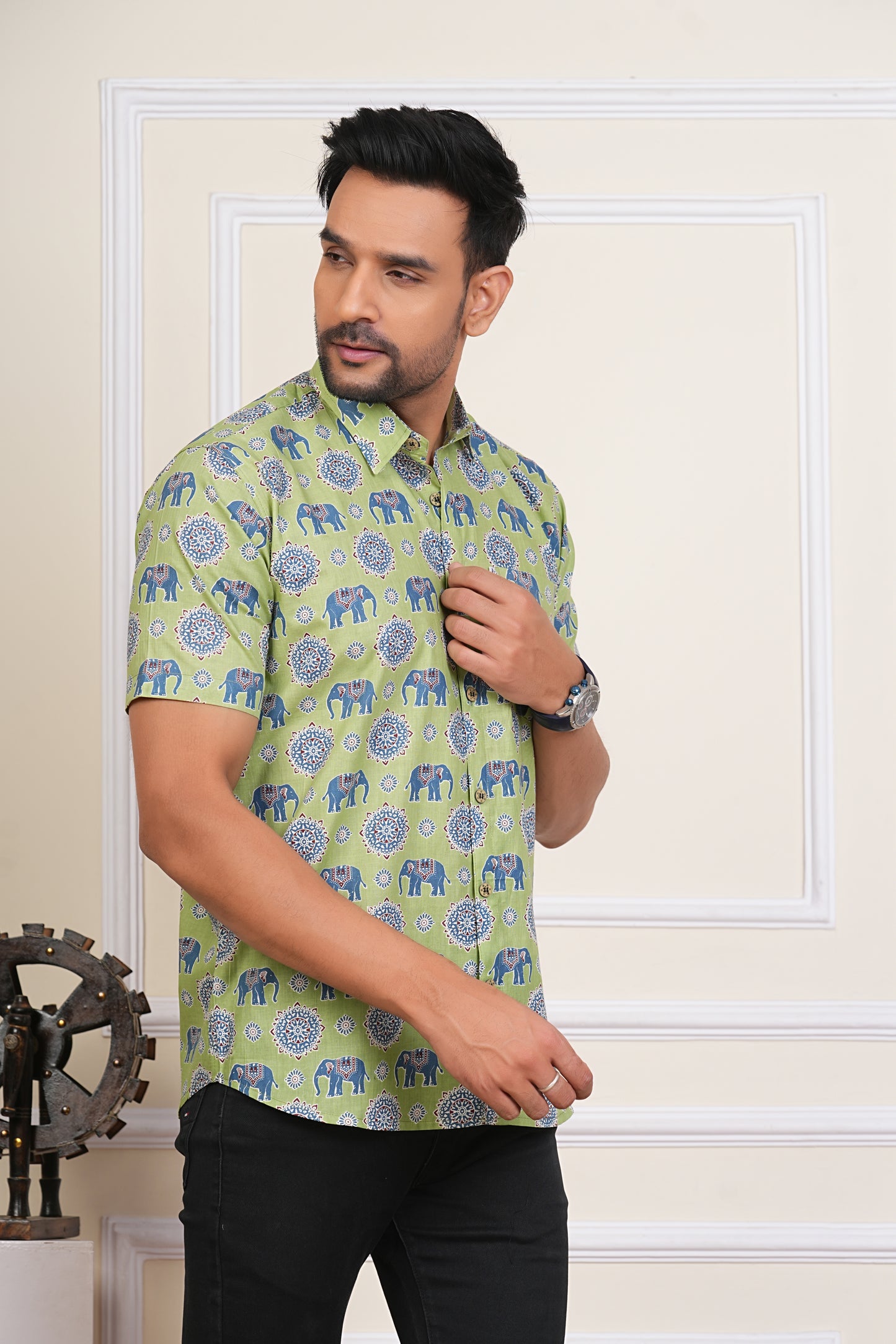 Hathi Mahal Green Sanganeri Mens Half Sleeves Plus Size Cotton Shirt