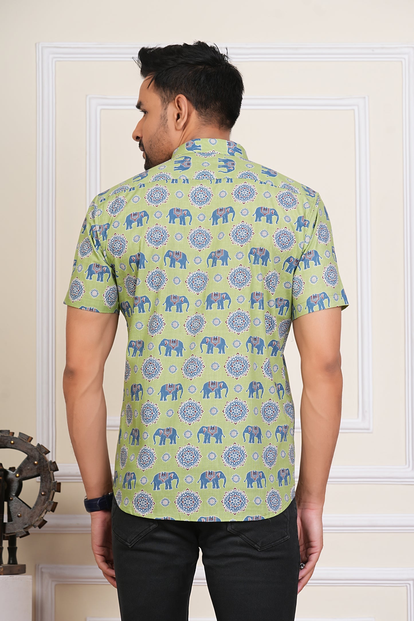 Hathi Mahal Green Sanganeri Mens Half Sleeves Plus Size Cotton Shirt