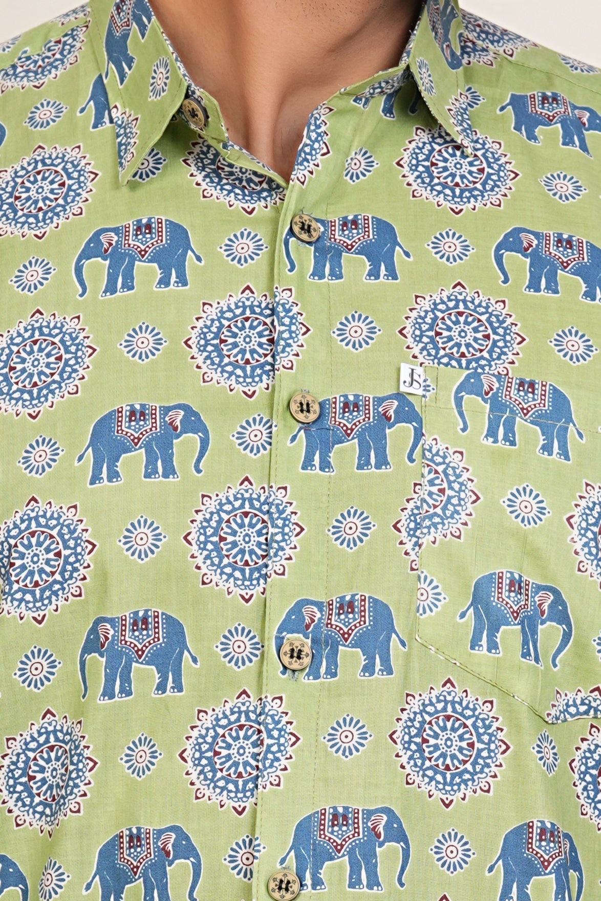 Hathi Mahal Green Sanganeri Mens Half Sleeves Plus Size Cotton Shirt