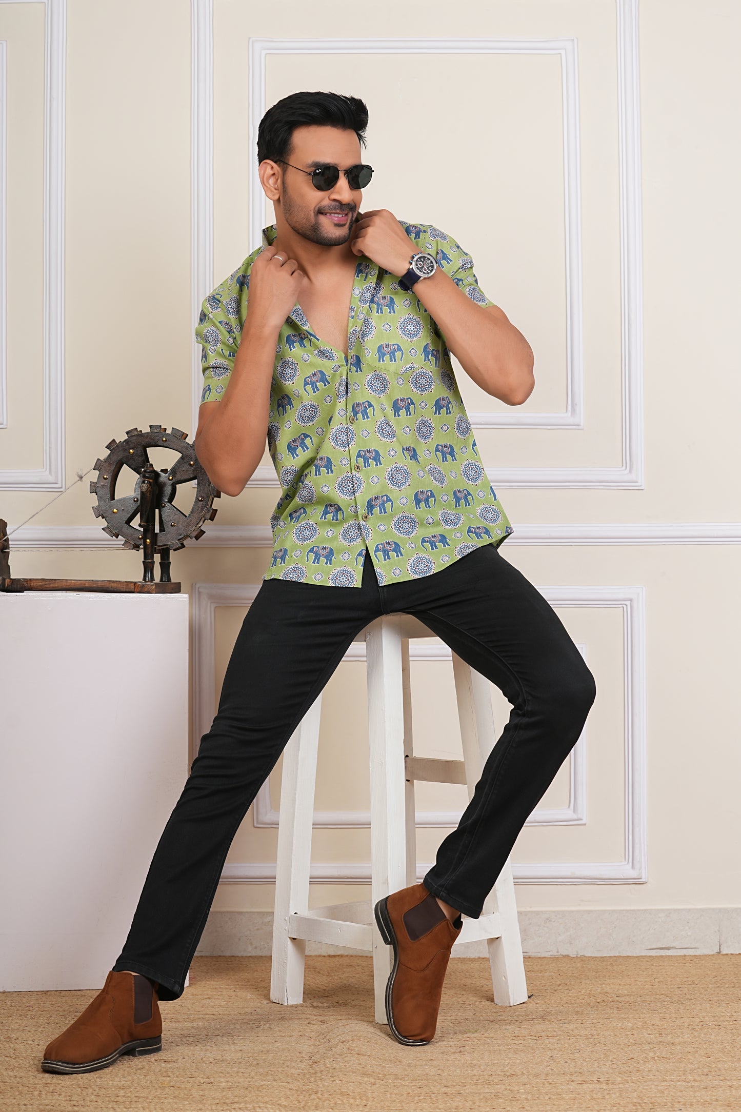 Hathi Mahal Green Sanganeri Mens Half Sleeves Plus Size Cotton Shirt