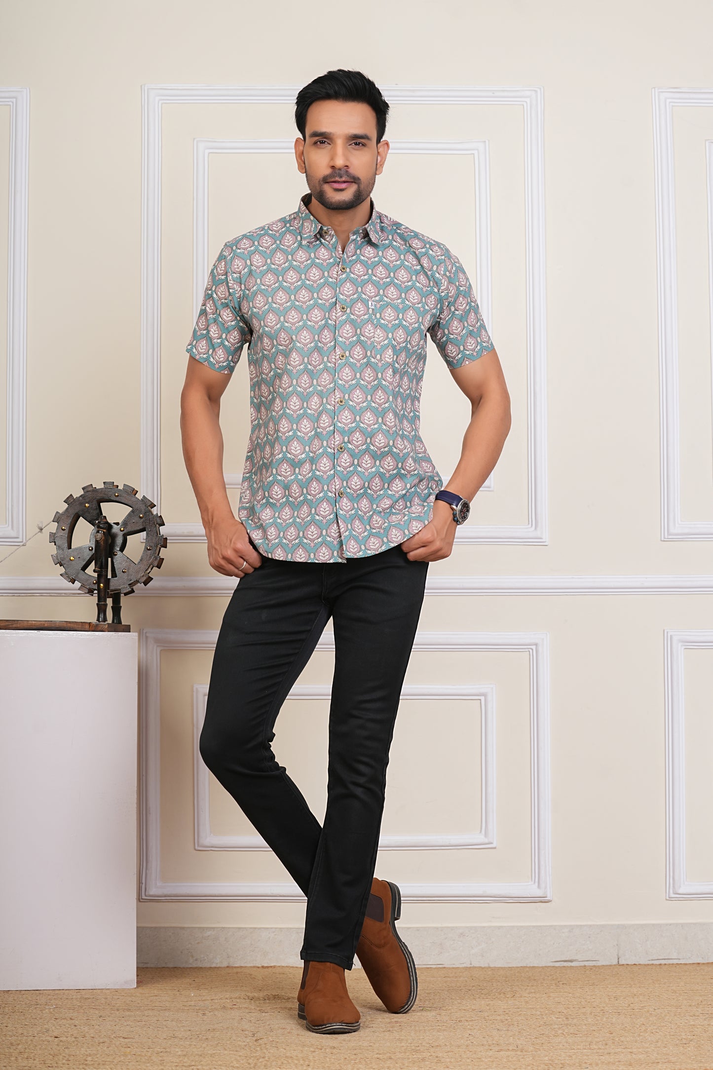 Pastel Cyan Block Printed Plus Size Half Sleeves Shirts for Men's