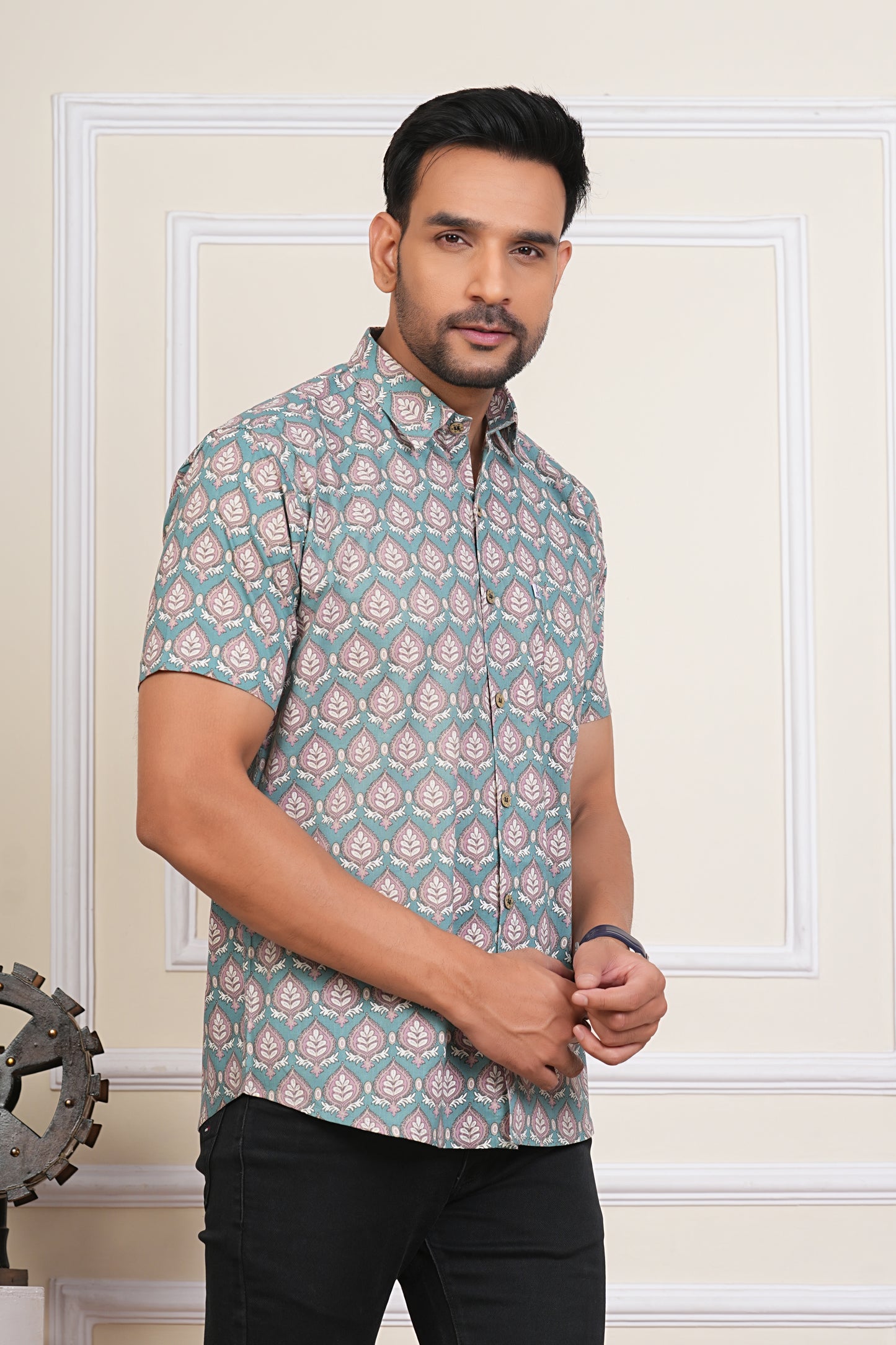 Pastel Cyan Block Printed Plus Size Half Sleeves Shirts for Men's