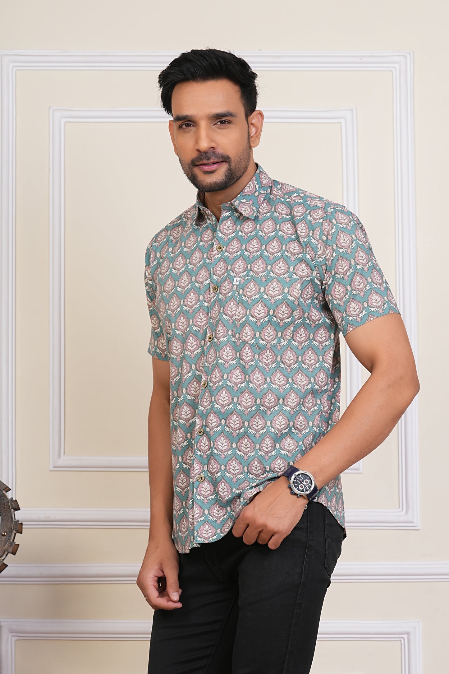 Pastel Cyan Block Printed Plus Size Half Sleeves Shirts for Men's