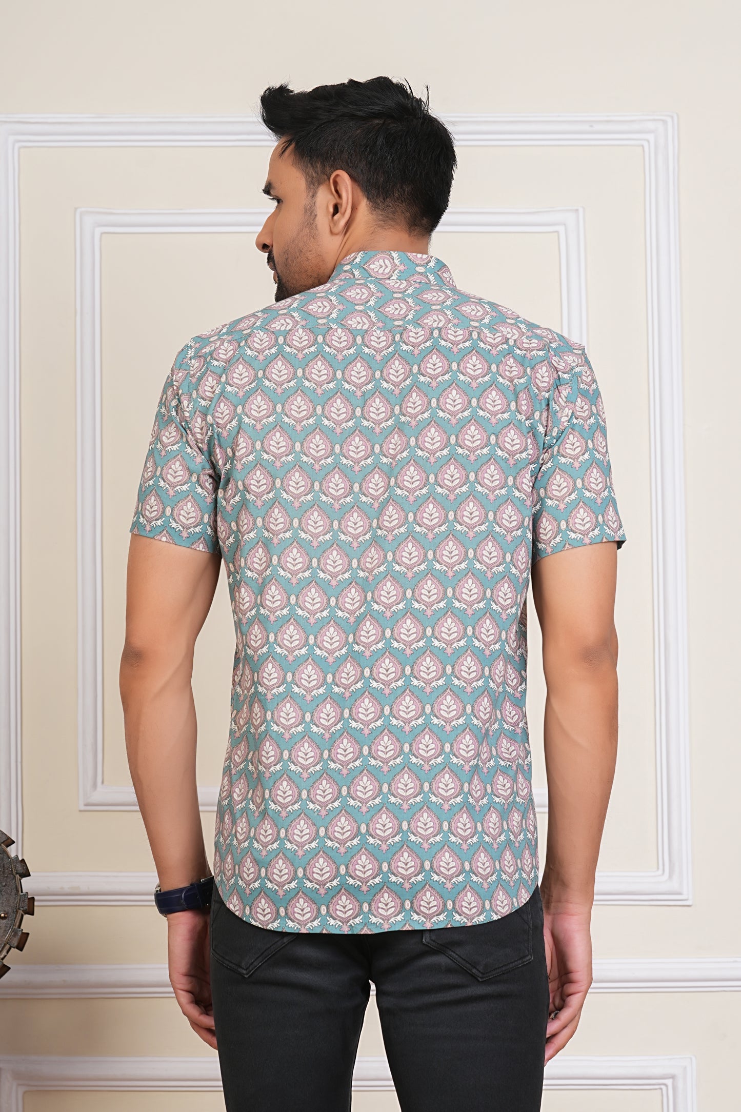 Pastel Cyan Block Printed Plus Size Half Sleeves Shirts for Men's