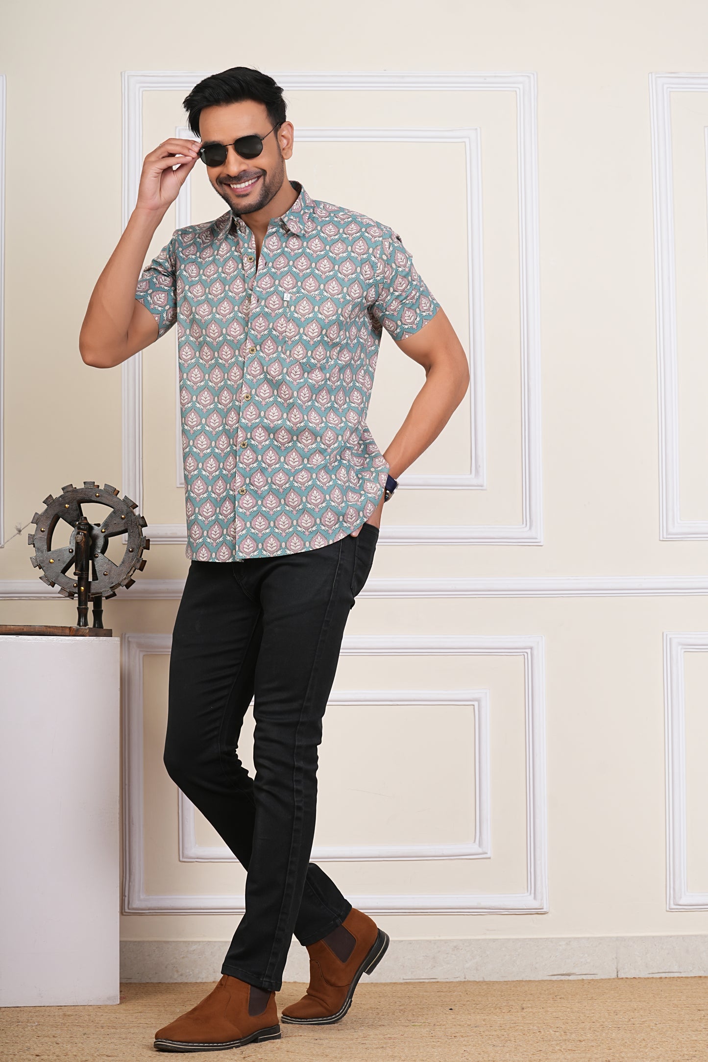 Pastel Cyan Block Printed Plus Size Half Sleeves Shirts for Men's