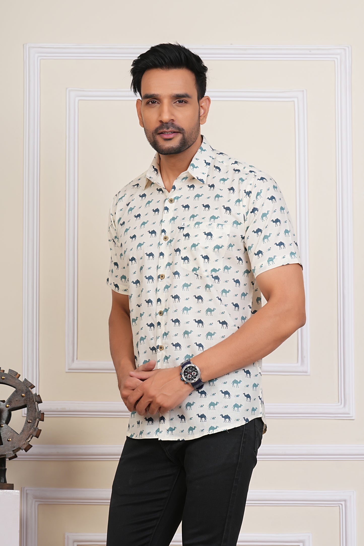 Blue And White Camel Mens Half Sleeves Cotton Shirt