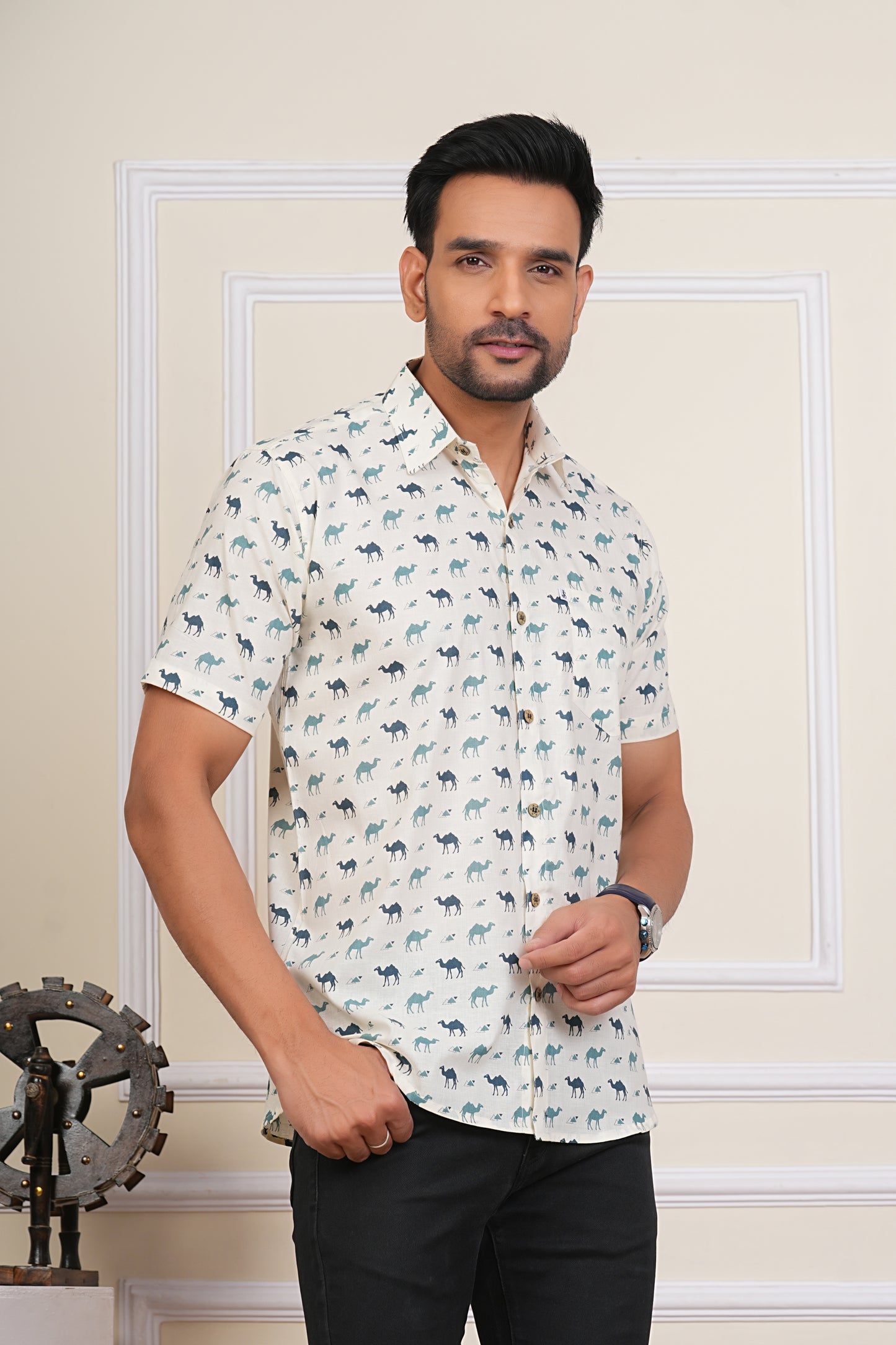 Blue And White Camel Mens Half Sleeves Cotton Shirt