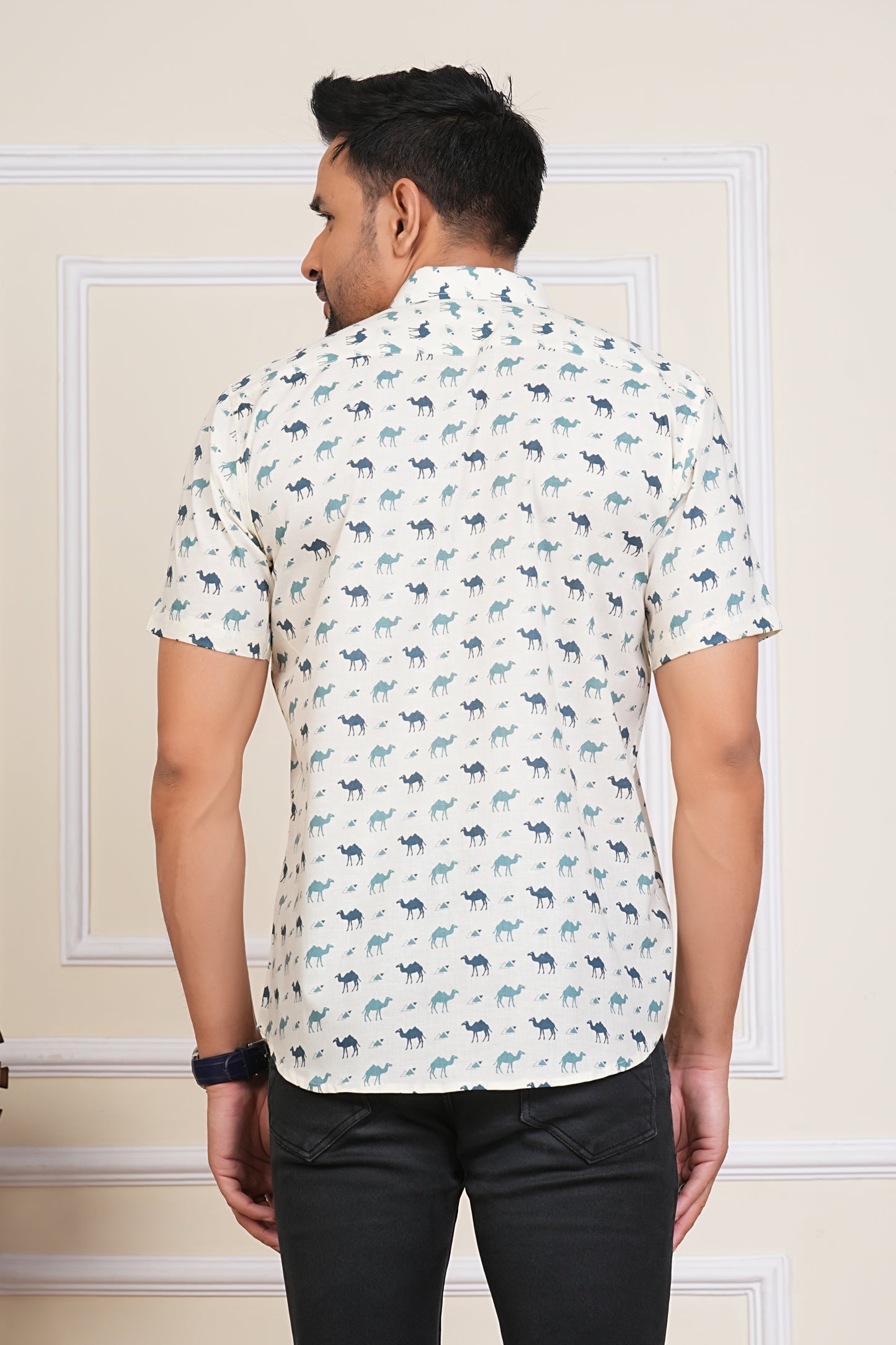 Blue And White Camel Mens Half Sleeves Cotton Shirt