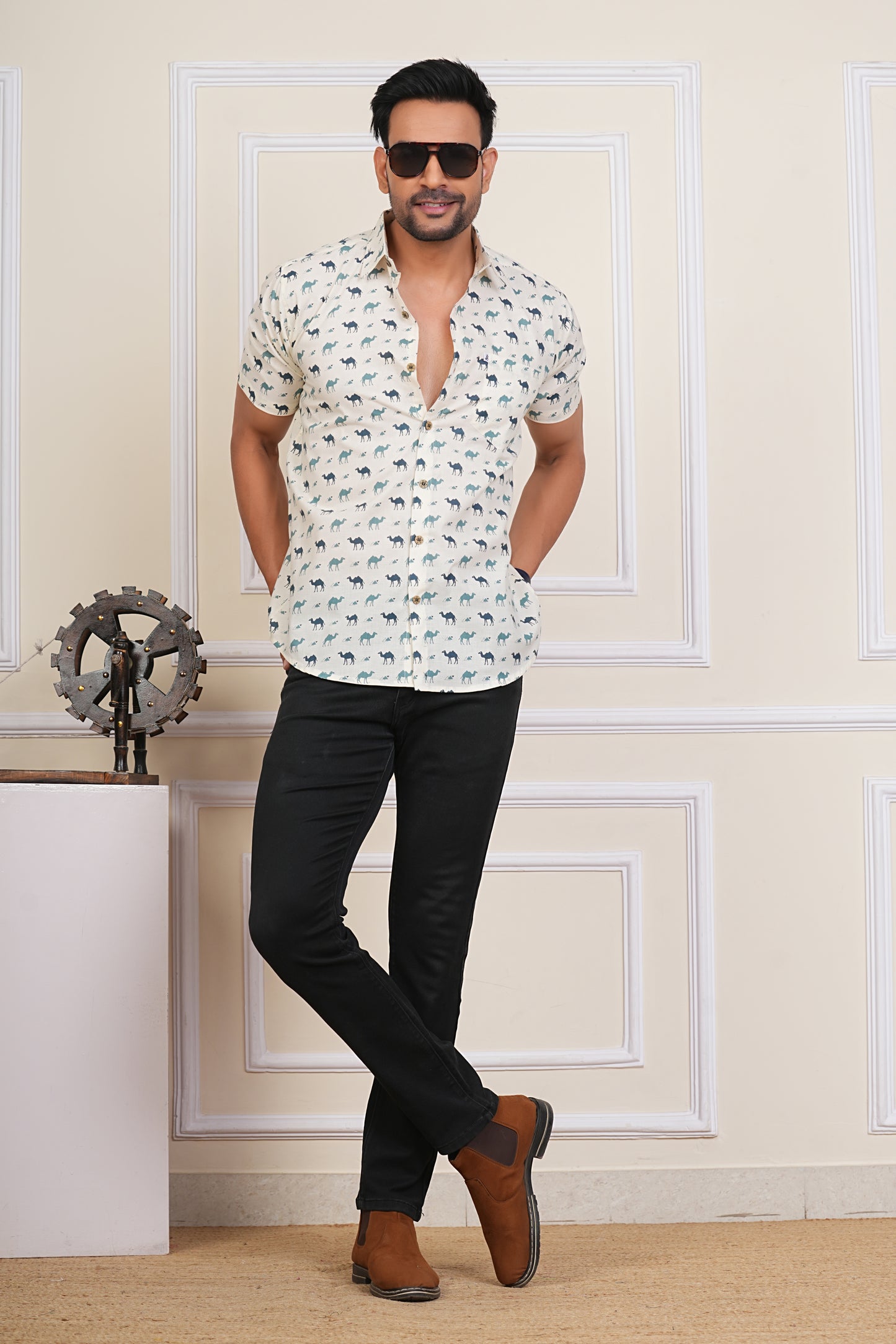 Blue And White Camel Mens Half Sleeves Cotton Shirt