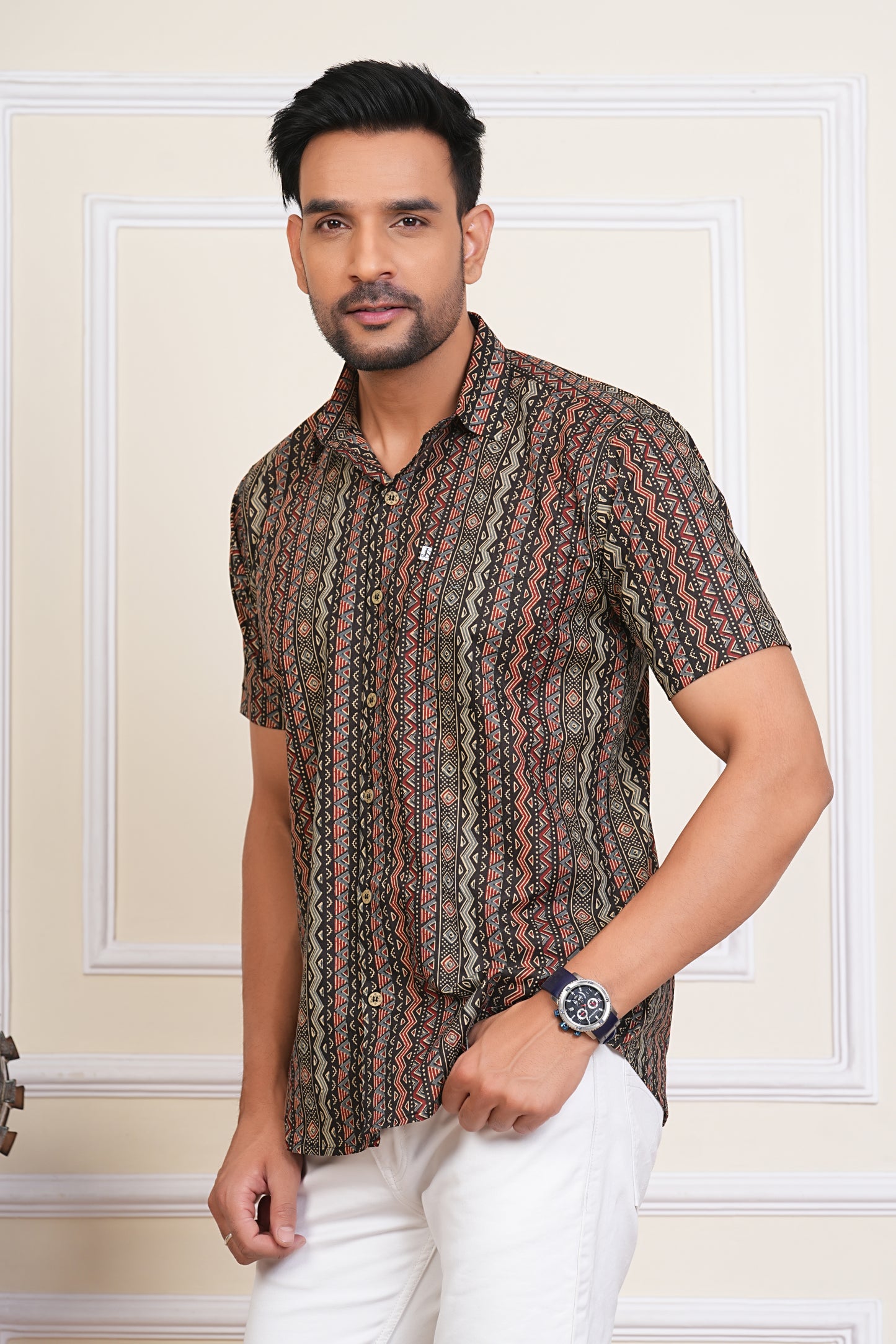 Midnight Black Tribe Mens Half Sleeves Cotton Shirt