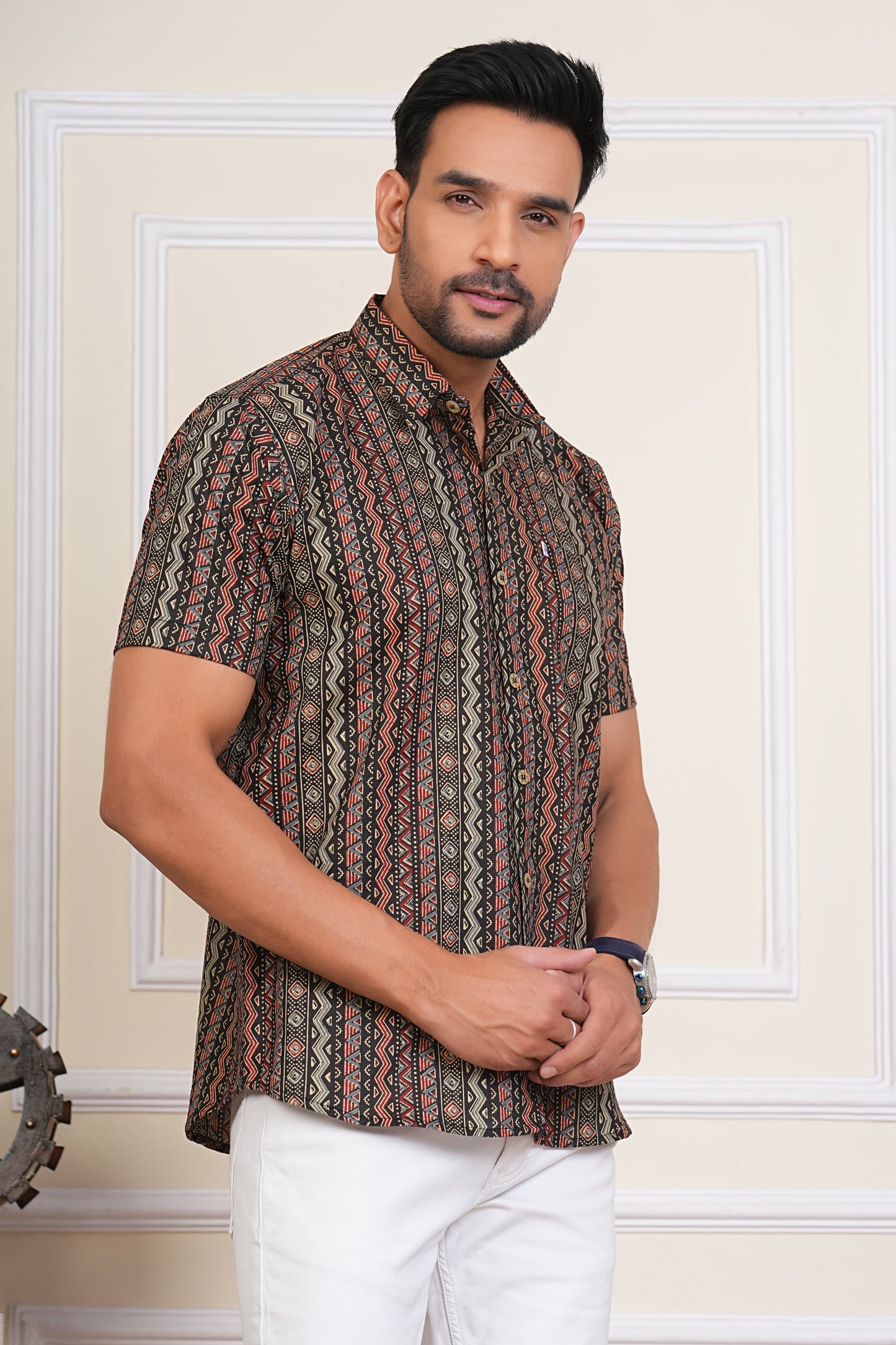 Midnight Black Tribe Mens Half Sleeves Cotton Shirt
