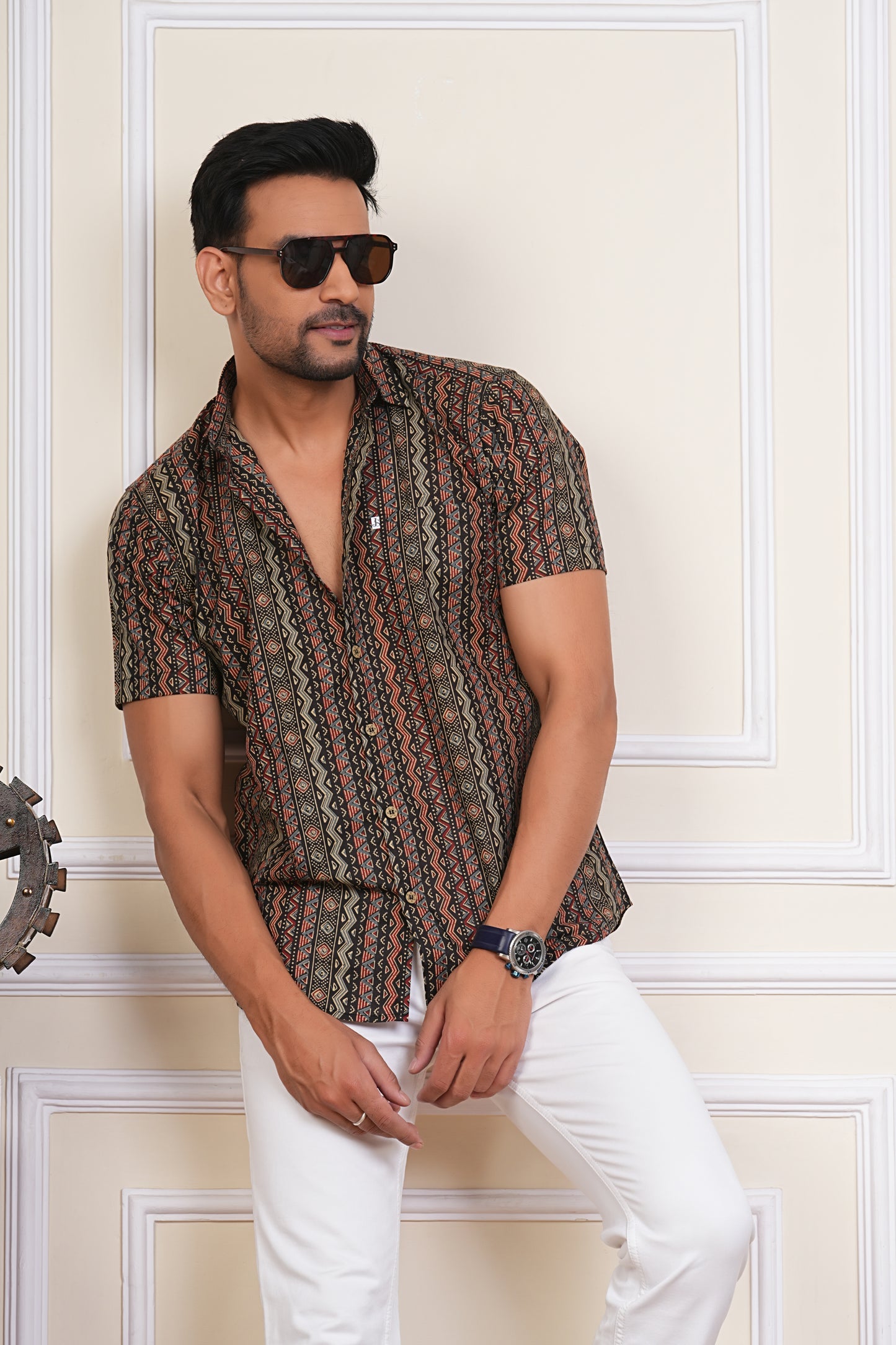 Midnight Black Tribe Mens Half Sleeves Cotton Shirt