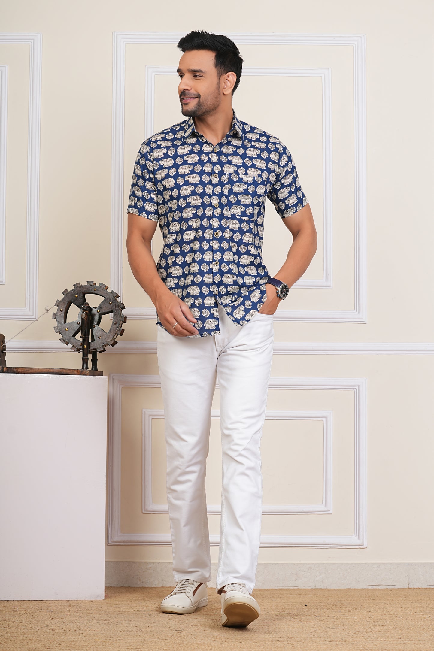 Elephant Motif Blue Half Sleeves Cotton Shirt