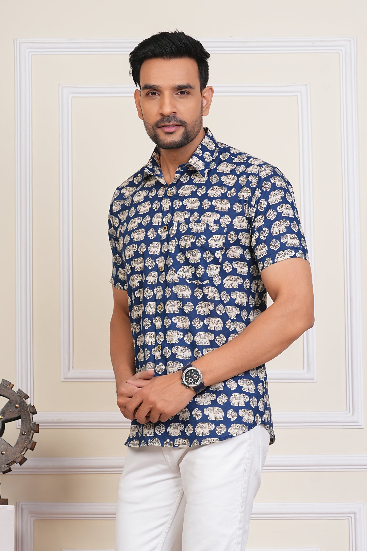 Elephant Motif Blue Half Sleeves Cotton Shirt