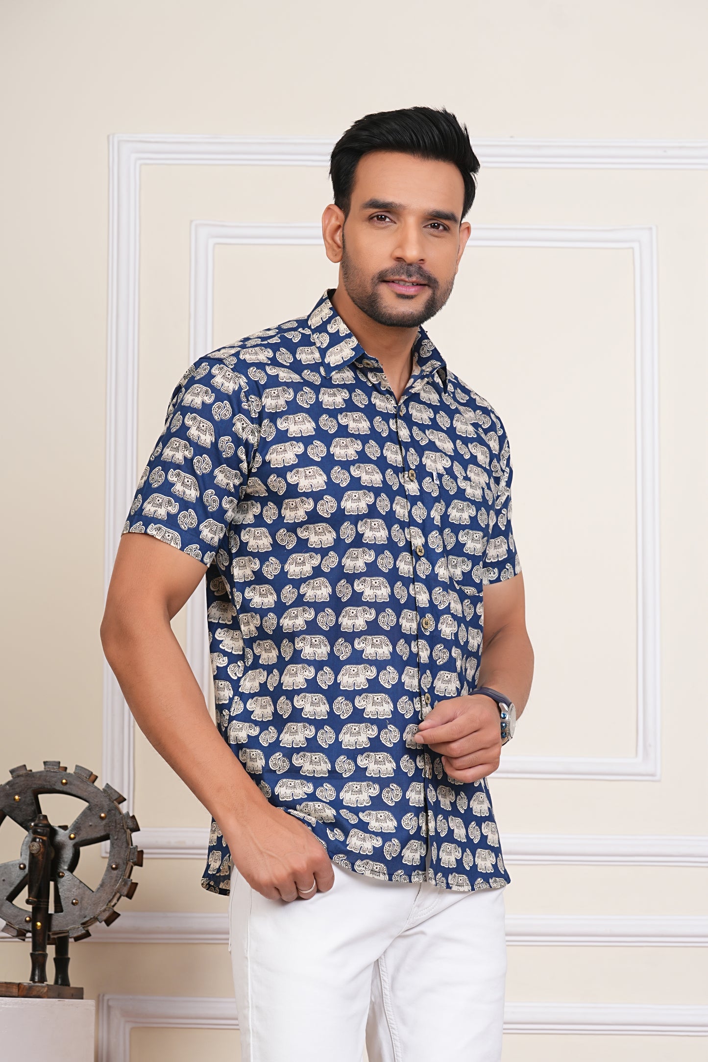 Elephant Motif Blue Half Sleeves Cotton Shirt