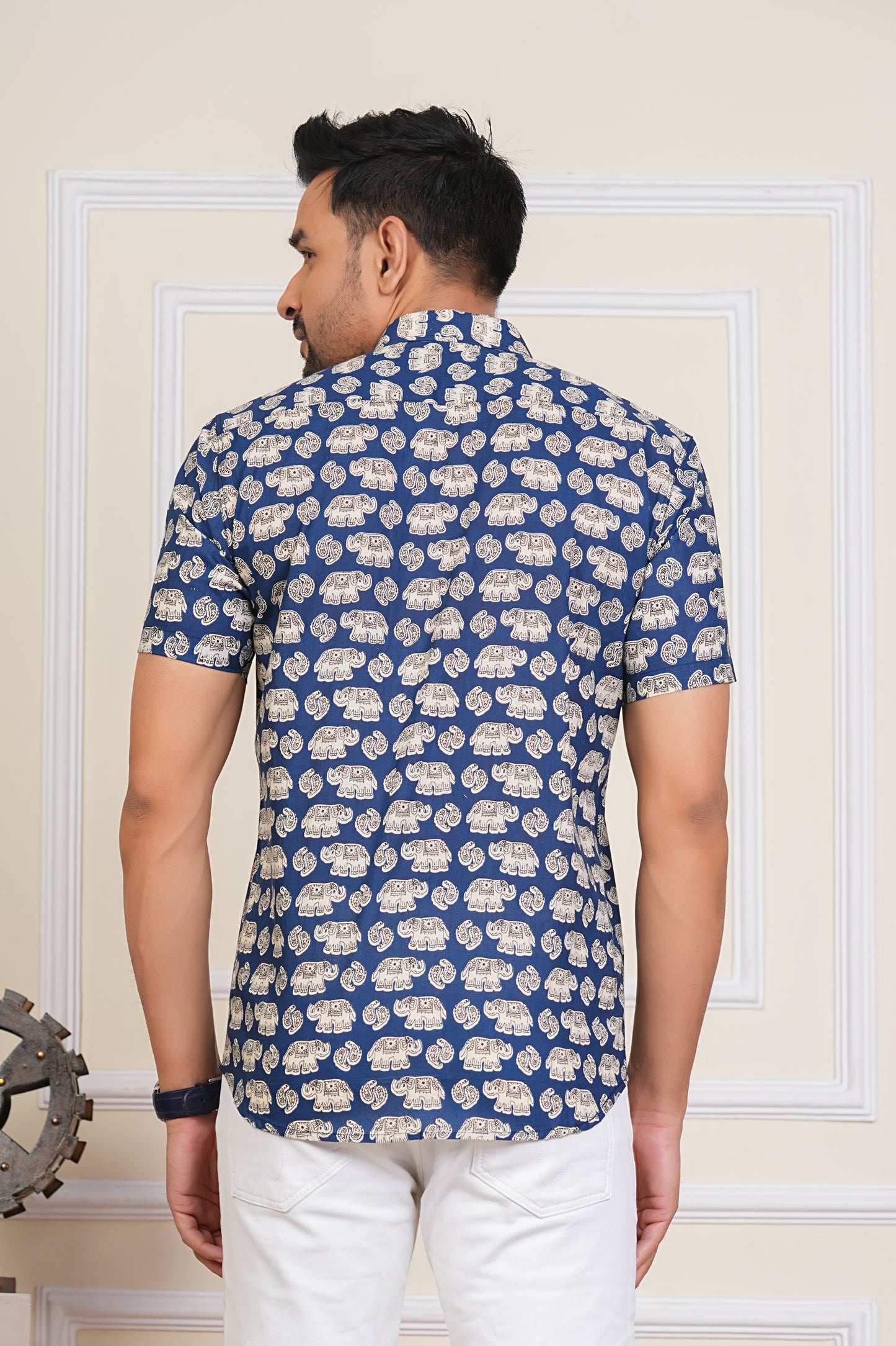 Elephant Motif Blue Half Sleeves Cotton Shirt