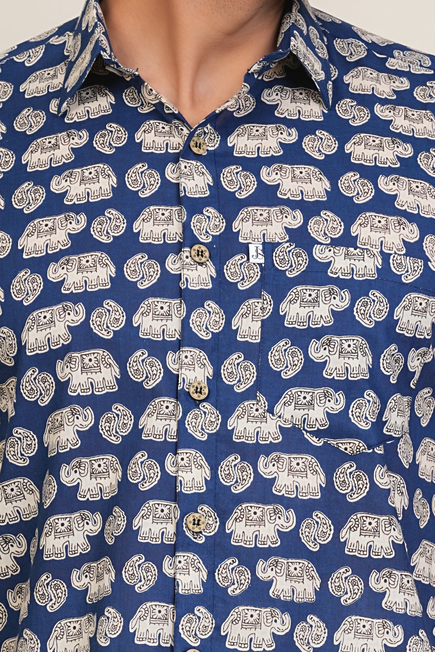 Elephant Motif Blue Half Sleeves Cotton Shirt