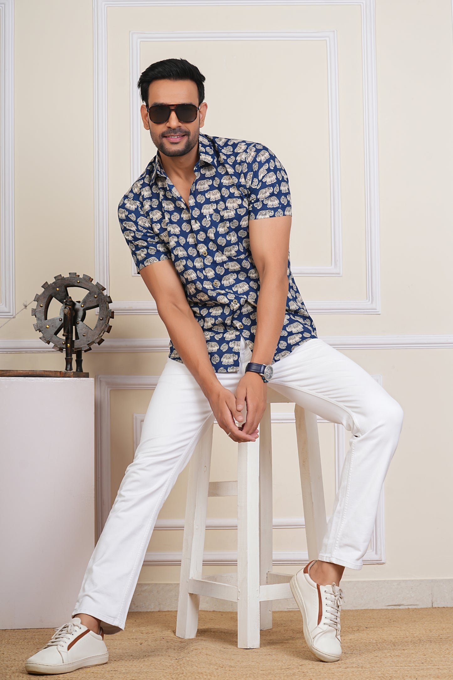 Elephant Motif Blue Half Sleeves Cotton Shirt